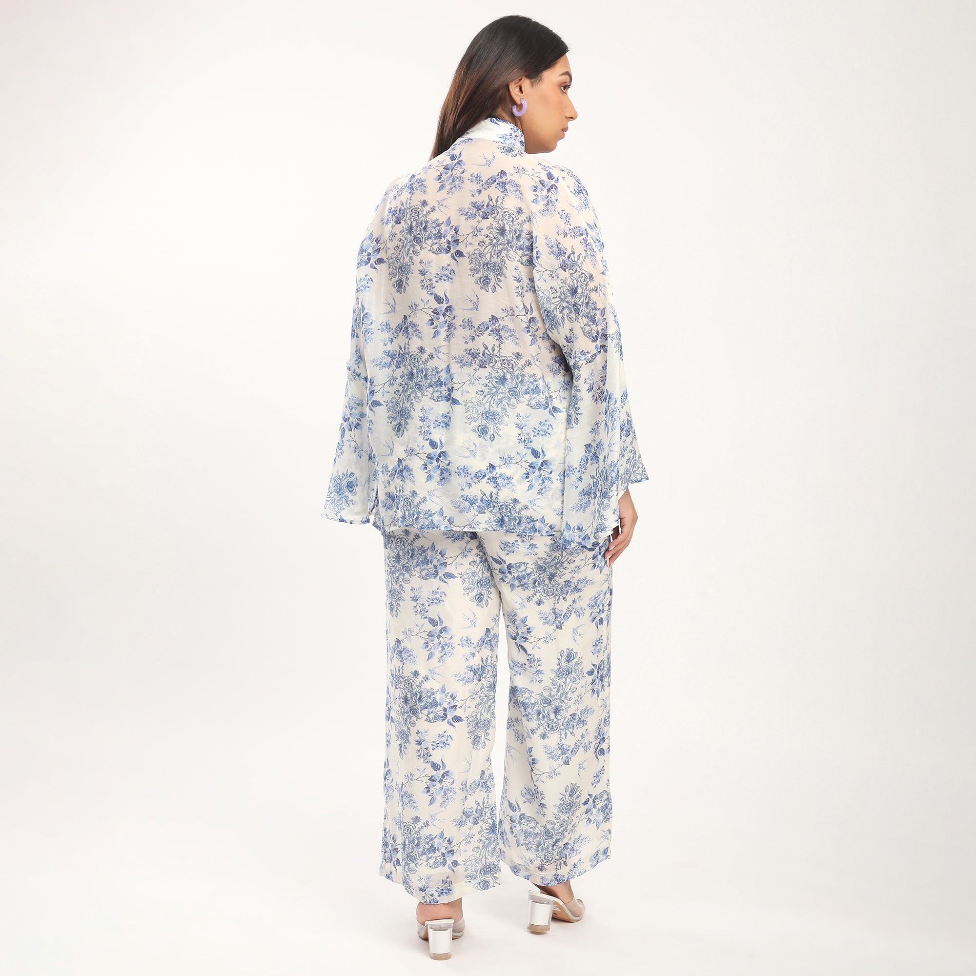 Plus Size Blue Lyocell Floral Printed Bow Blouse and Pant Premium Co-ord Set