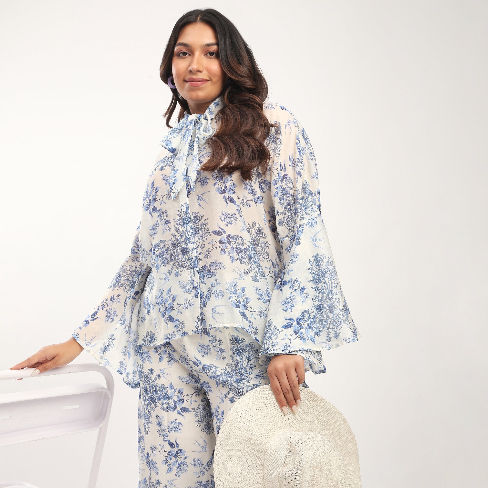 Plus Size Blue Lyocell Floral Printed Bow Blouse and Pant Premium Co-ord Set