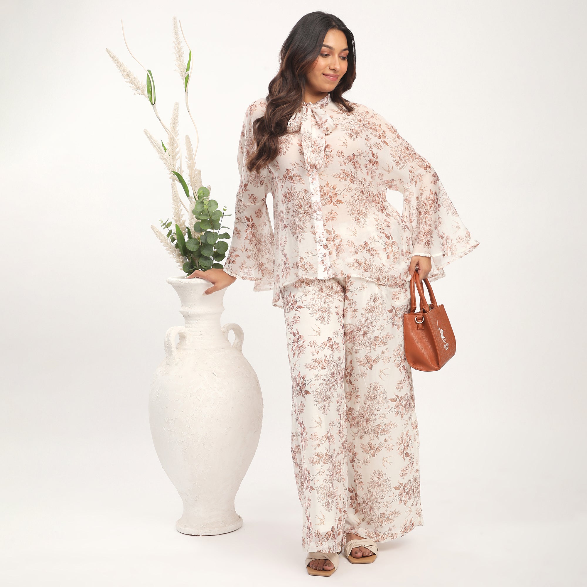Plus Size Brown Lyocell Floral Printed Bow Blouse and Pant Premium Co-Ord Set