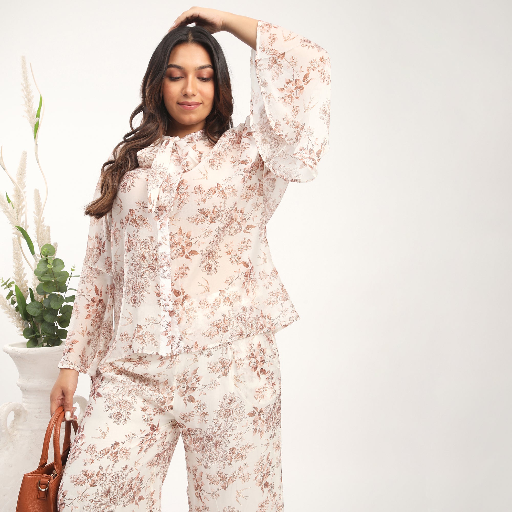 Plus Size Brown Lyocell Floral Printed Bow Blouse and Pant Premium Co-Ord Set