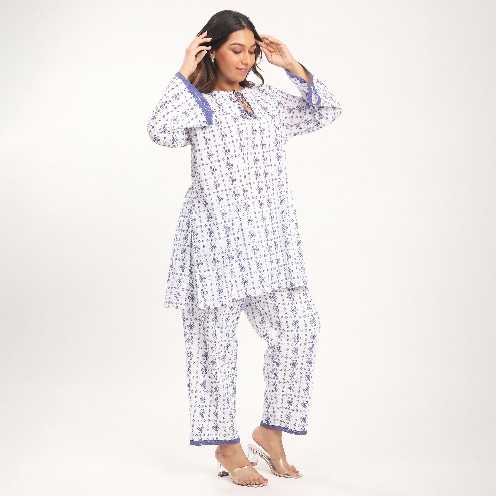 Plus Size White Cotton Schiffli Cutwork Lace Detail Co-ord Set