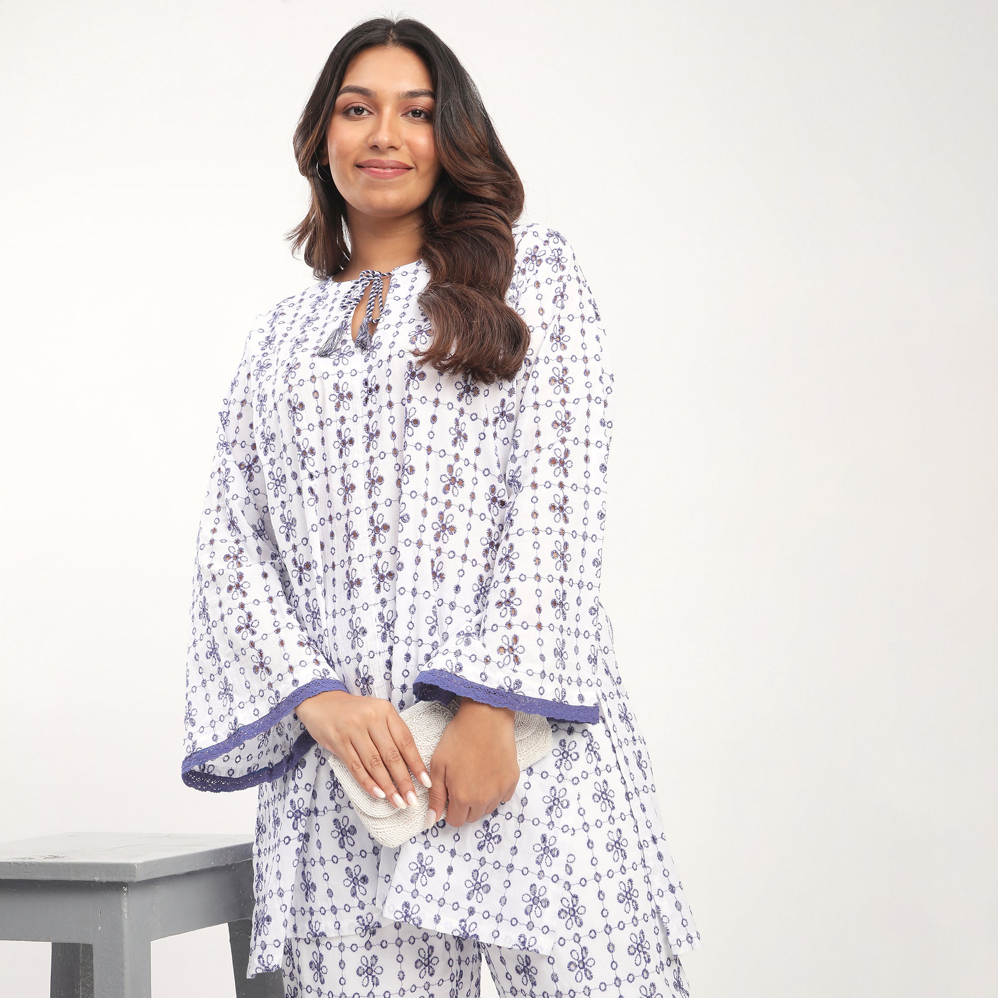 Plus Size White Cotton Schiffli Cutwork Lace Detail Co-ord Set