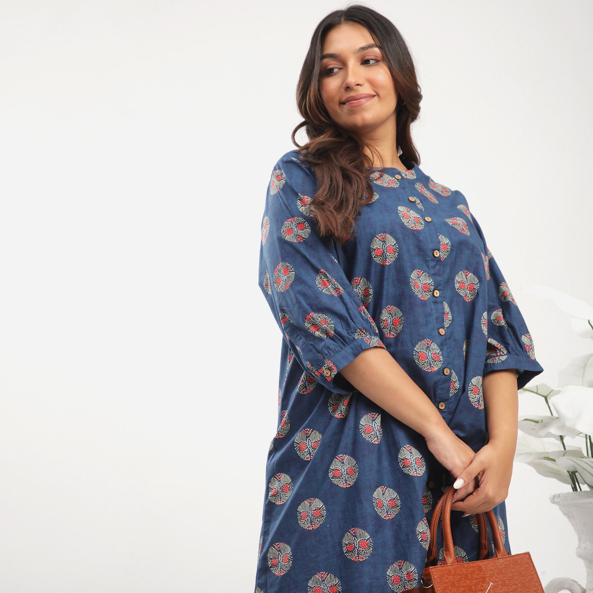 Plus Size Royal Blue Cotton Tribal Print Kurta Set