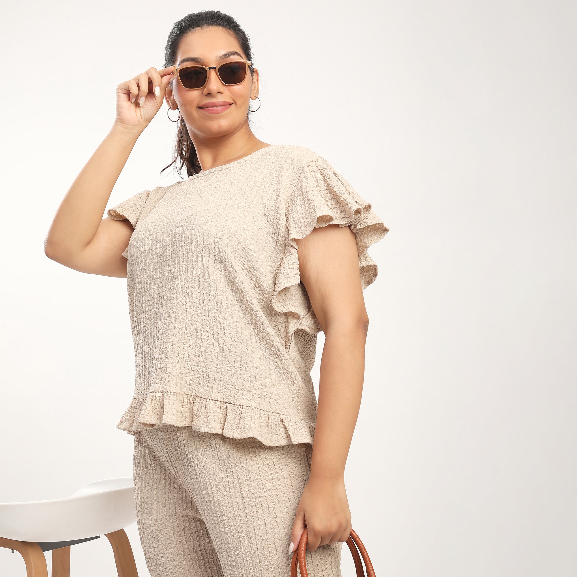 Plus Size Beige Ruffle Sleeve Top and Pants Co-ord Set – CALAE