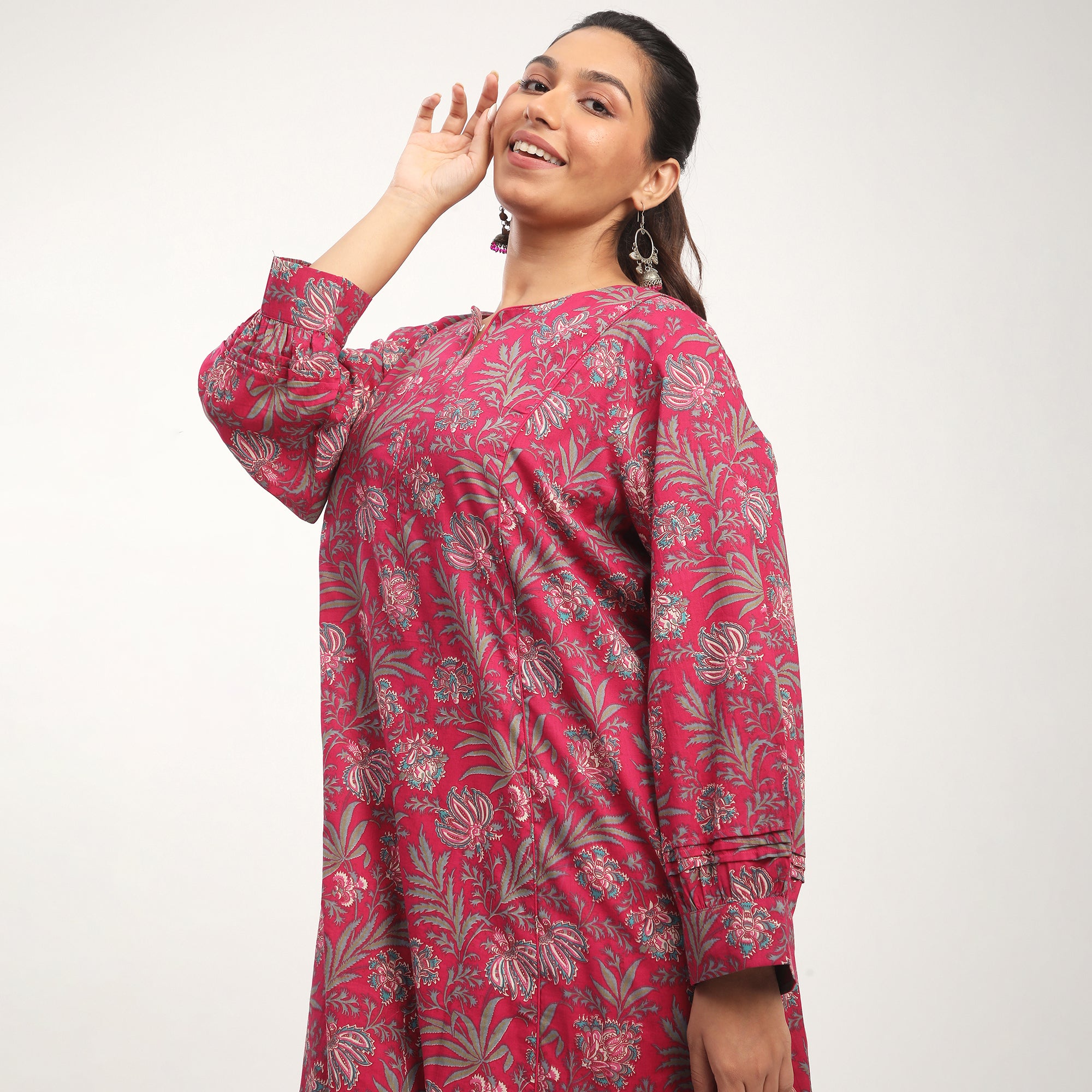Plus Size Dark Pink Cotton Floral Printed Mix and Match Kurta Set