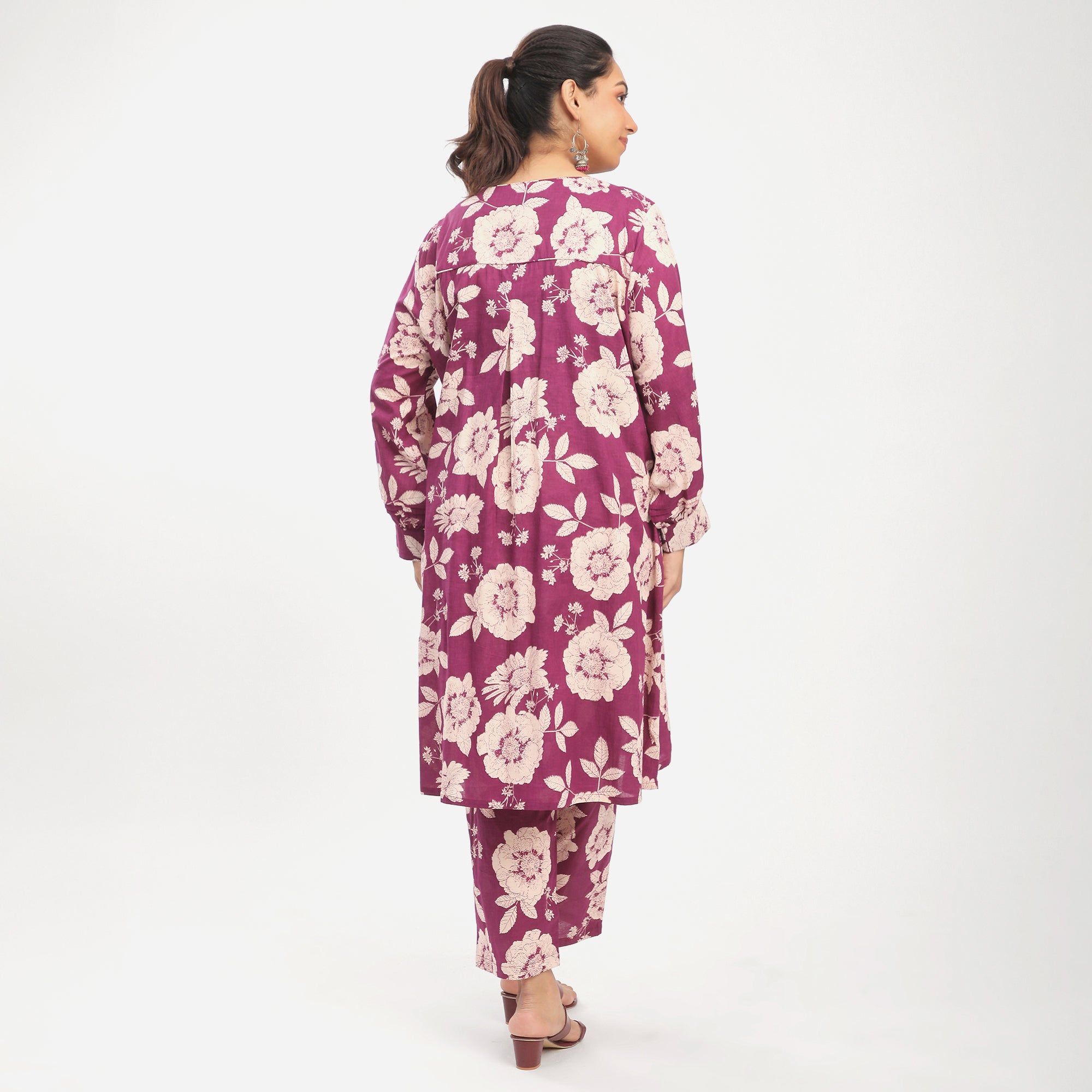 Plus Size Purple Cotton Floral Printed Kurta Set