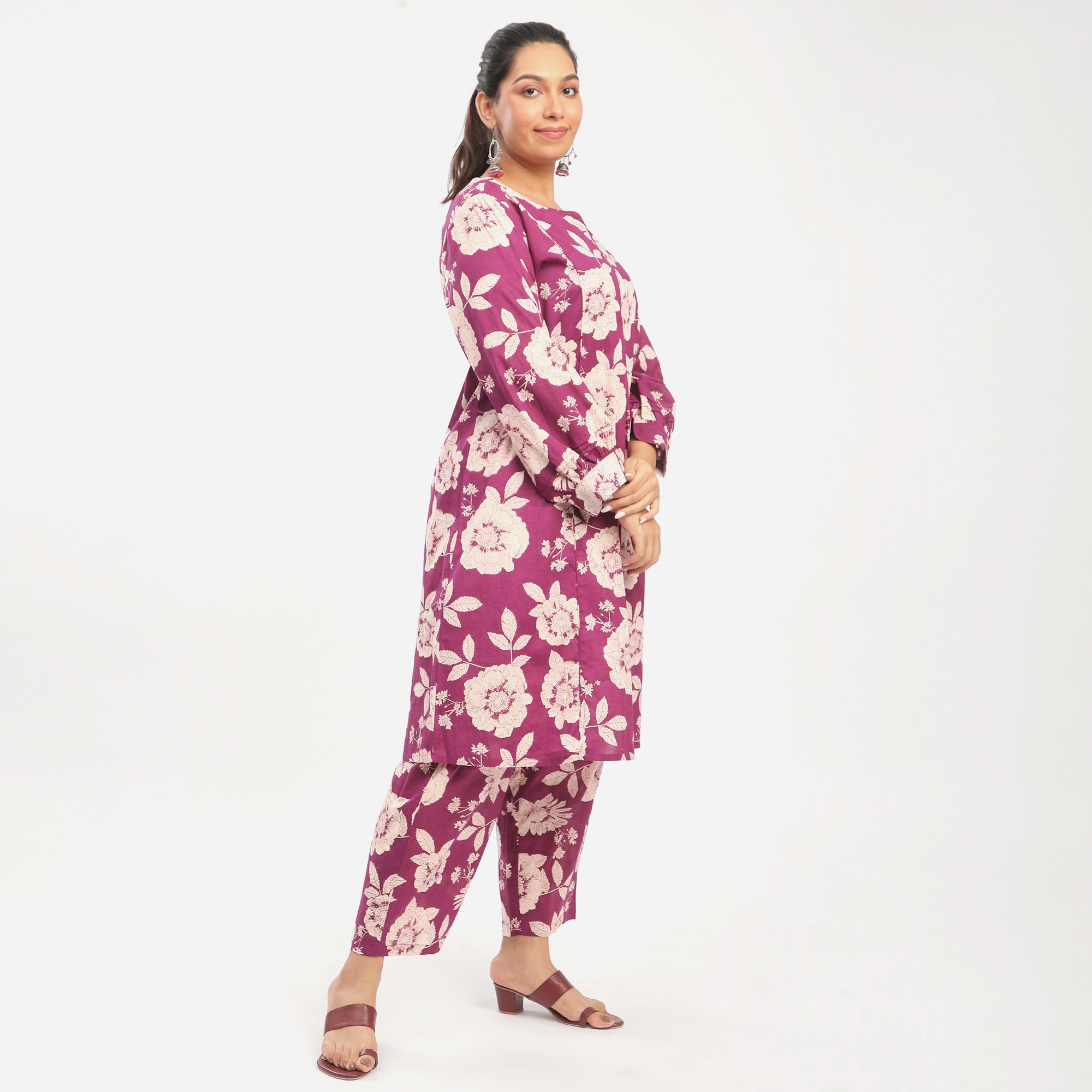 Plus Size Purple Cotton Floral Printed Kurta Set