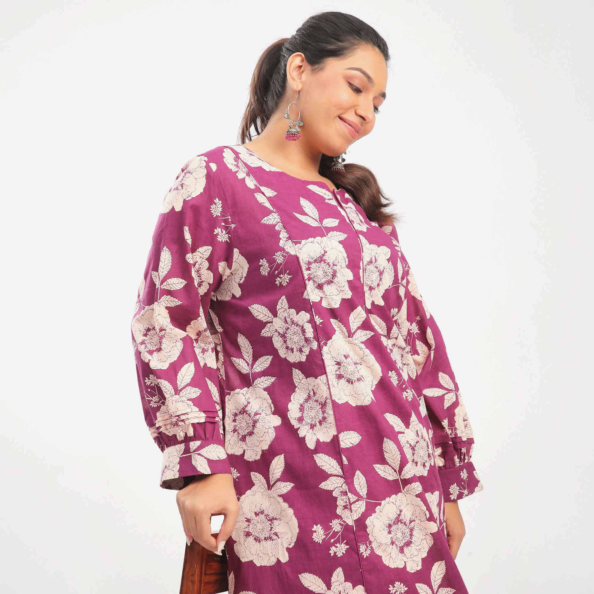 Plus Size Purple Cotton Floral Printed Kurta Set