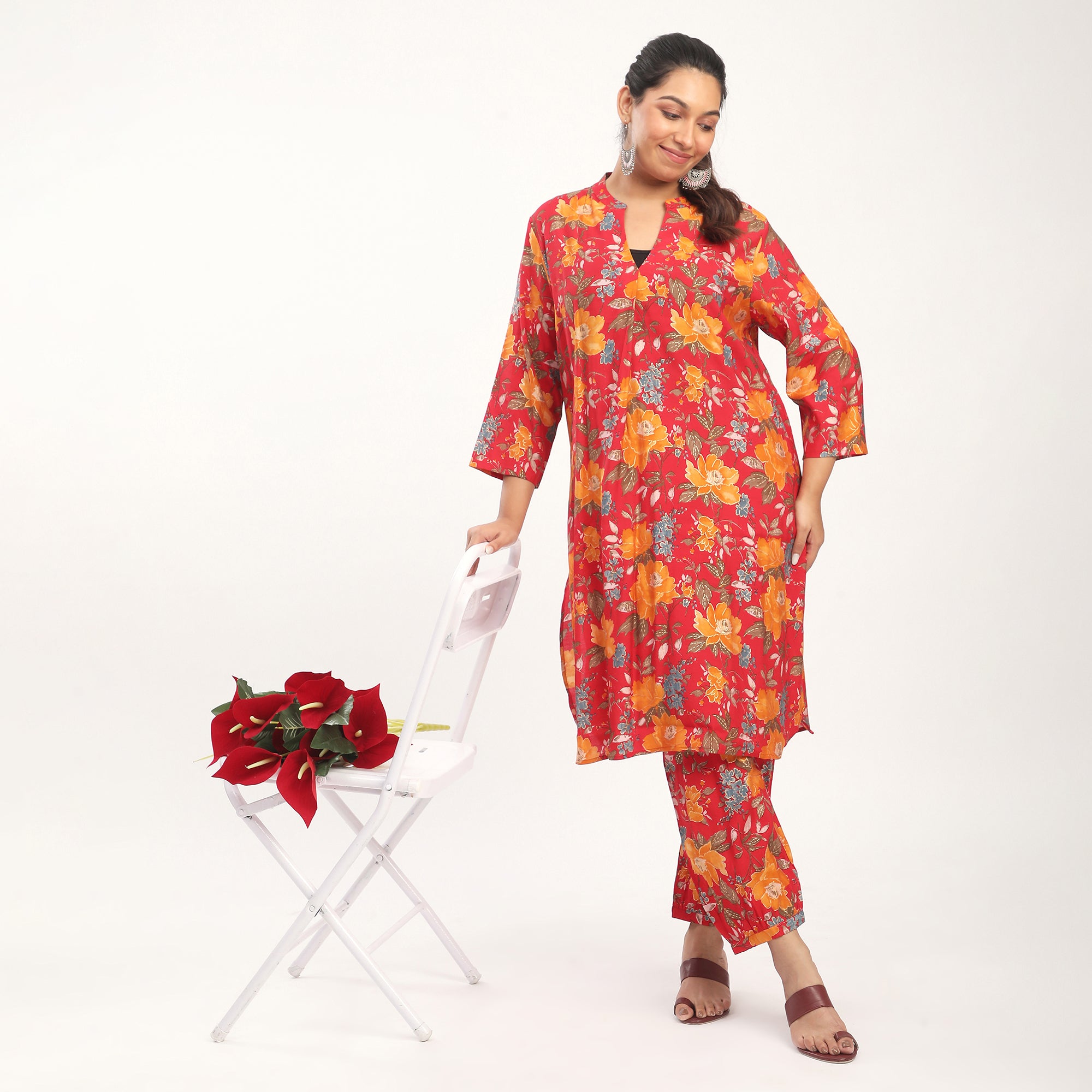 Plus Size Red Floral Cotton Kurta Set