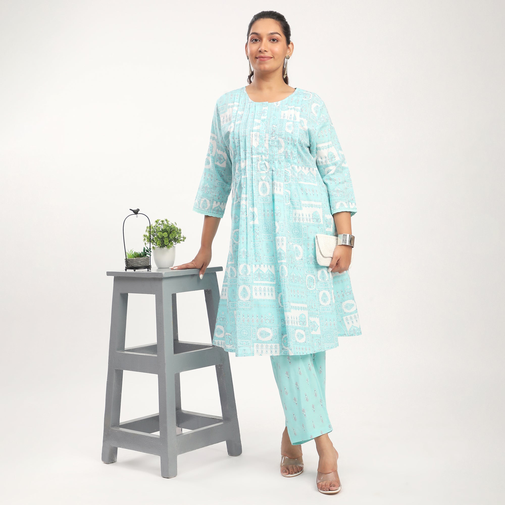 Plus Size Sea Blue Cotton Mix Match Print Pintuck Detail Kurta Set