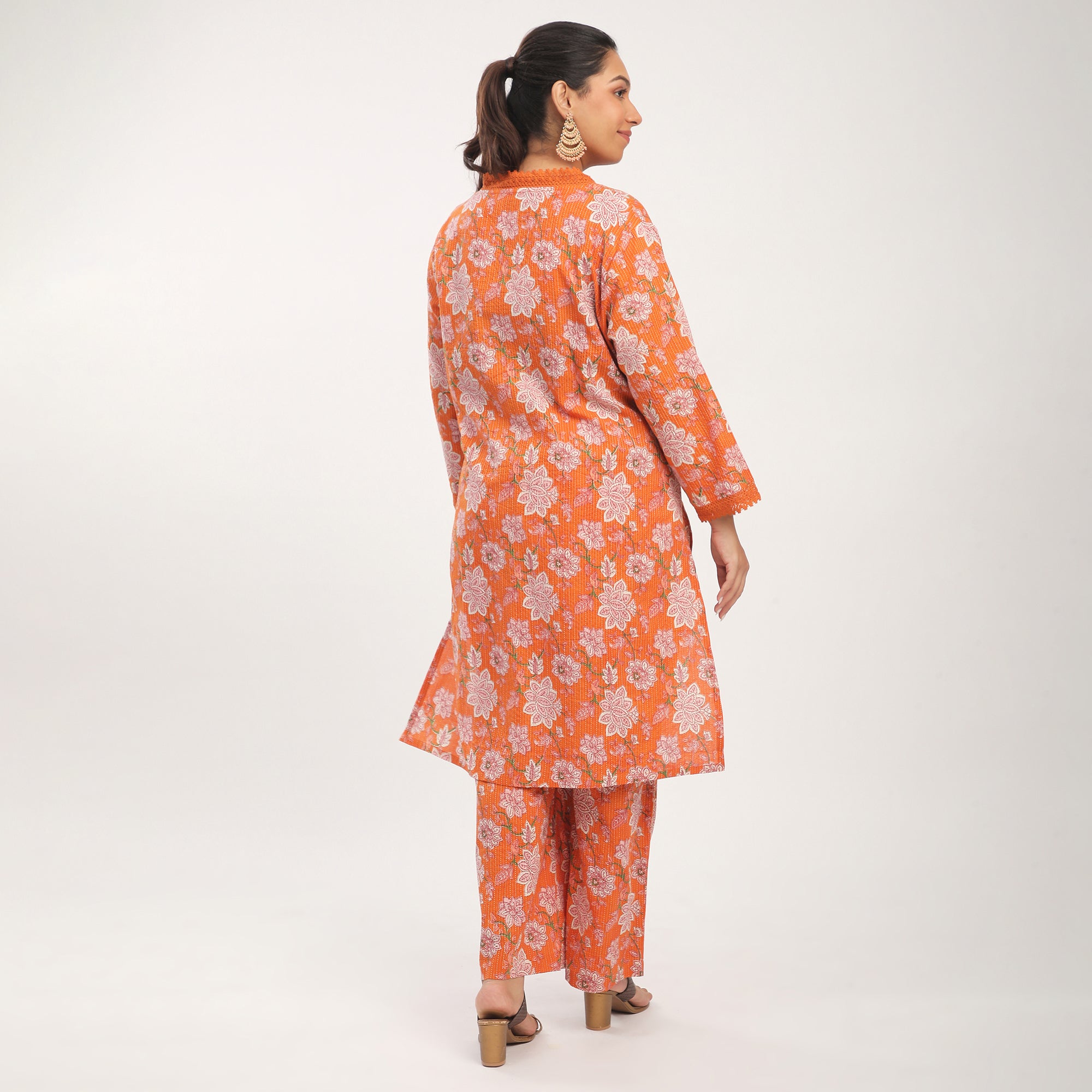 Plus Size Orange Cotton Lace Detail Printed Kurta Set