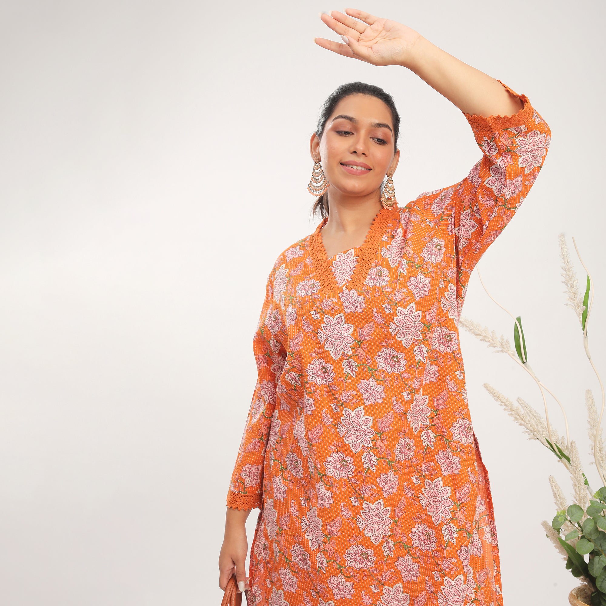 Plus Size Orange Cotton Lace Detail Printed Kurta Set