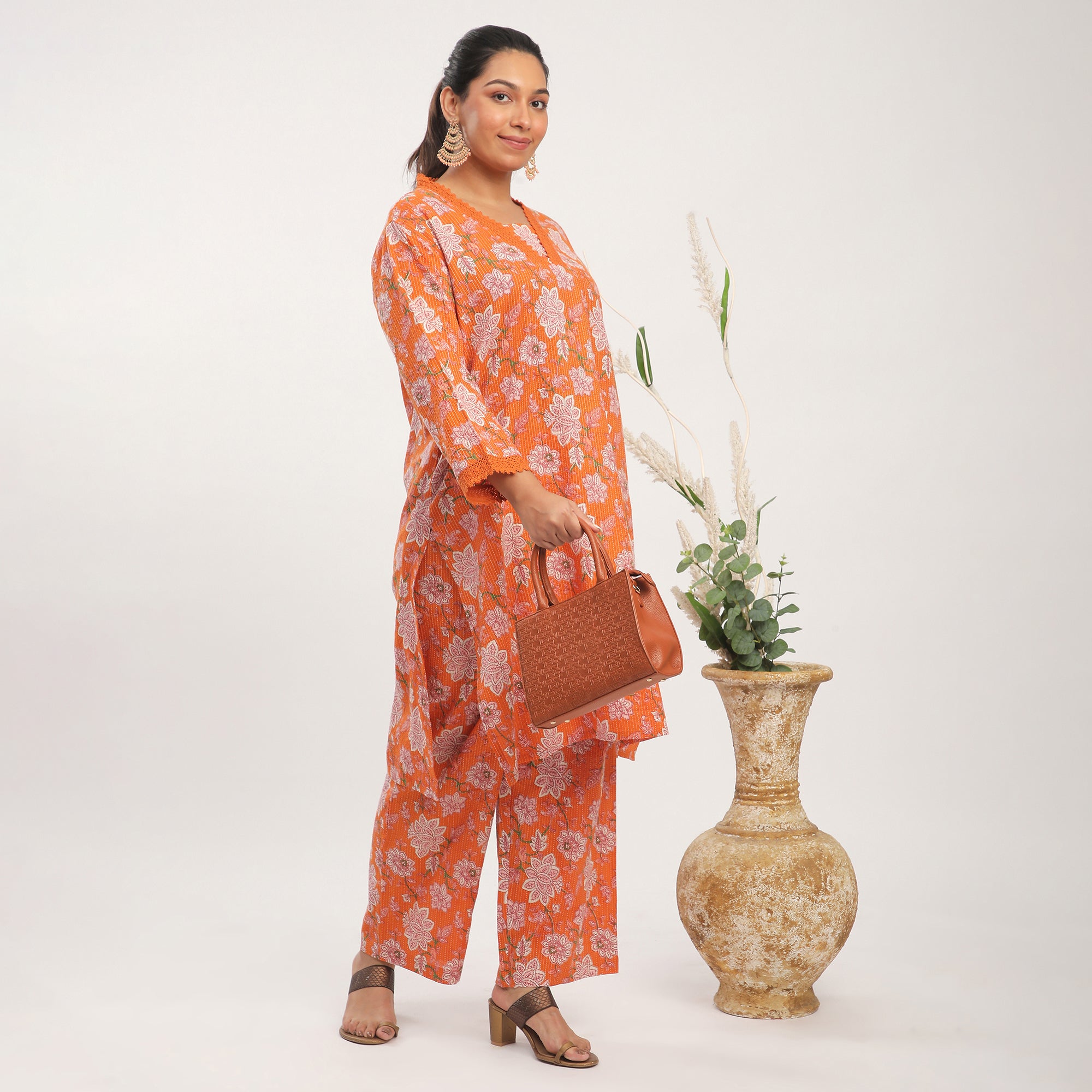 Plus Size Orange Cotton Lace Detail Printed Kurta Set