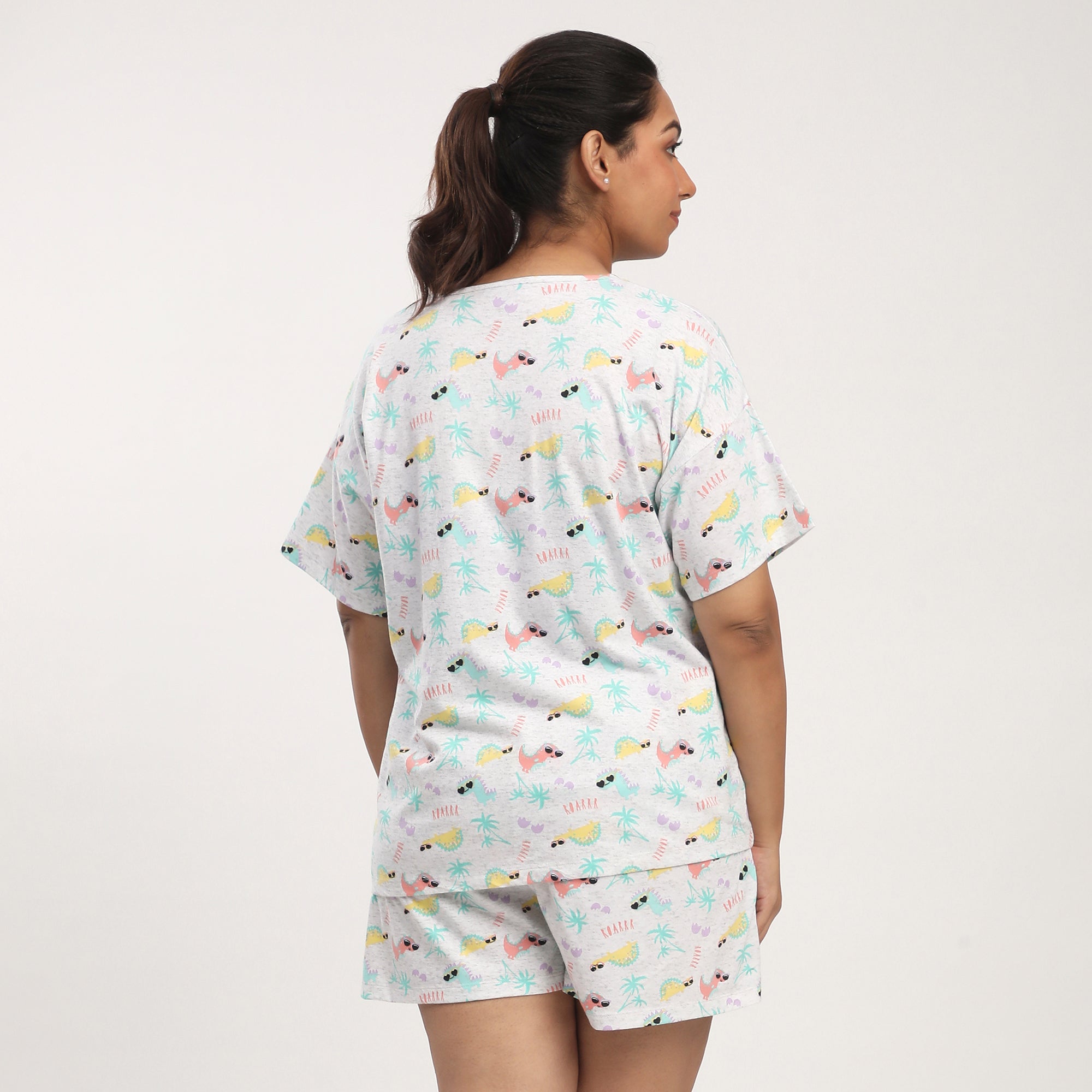 Plus Size Grey Cotton Jersey Dino Printed Short Set