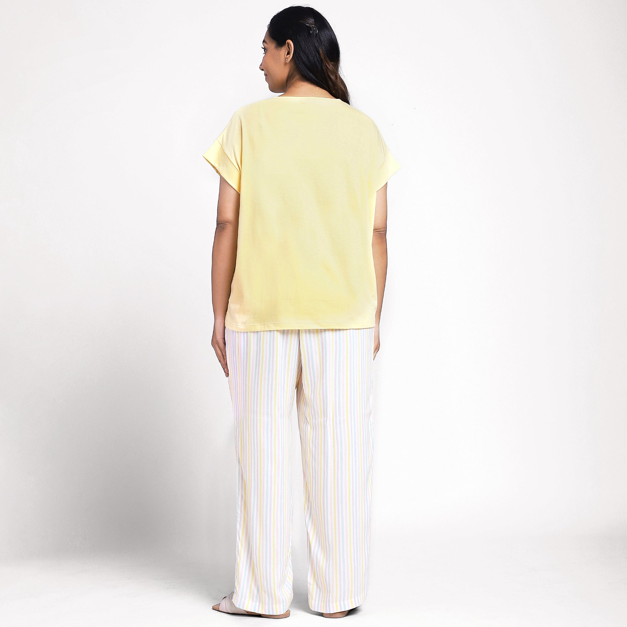 Plus Size Yellow Jersey Tee & Stripe Print Rayon PJ Set