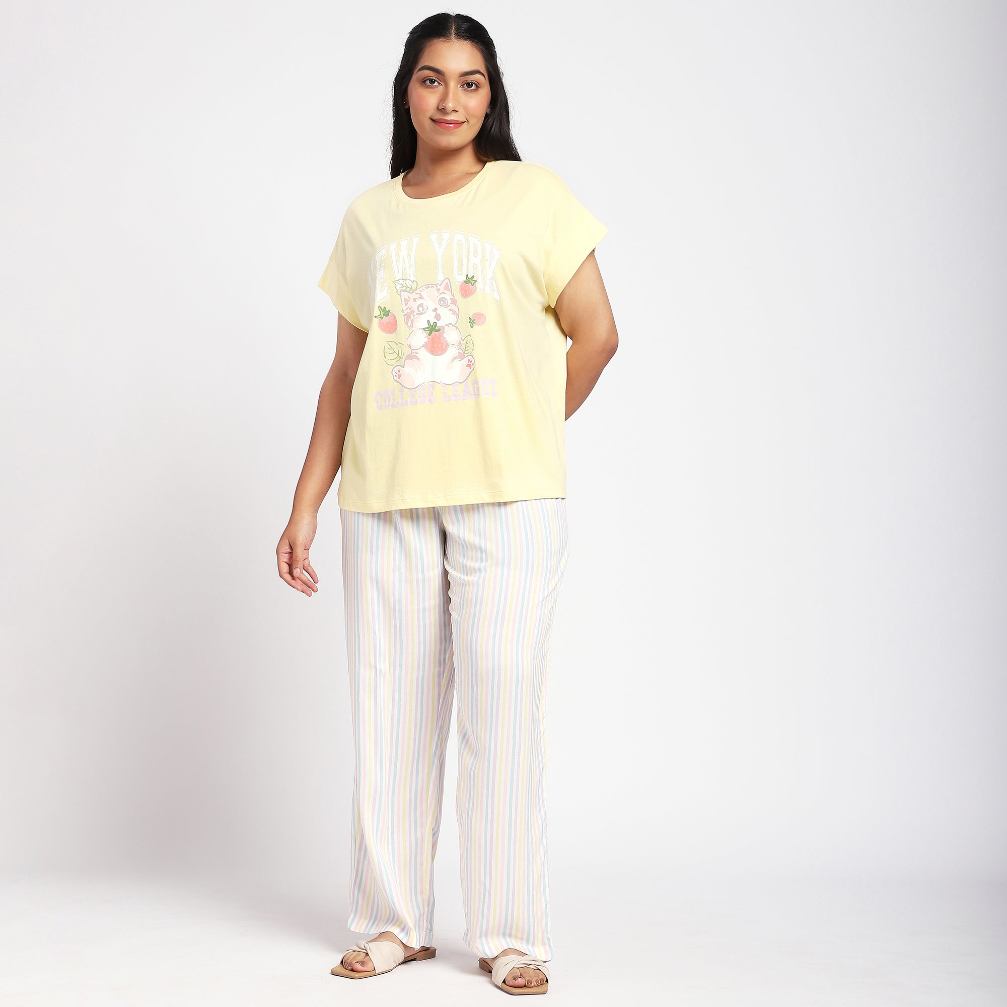 Plus Size Yellow Jersey Tee & Stripe Print Rayon PJ Set