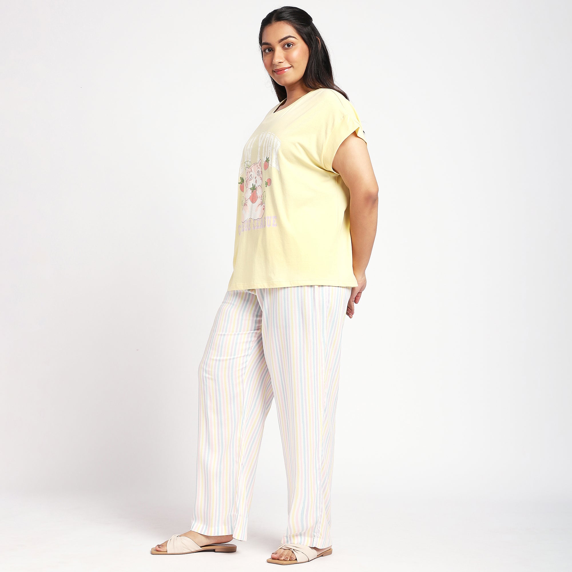 Plus Size Yellow Jersey Tee & Stripe Print Rayon PJ Set