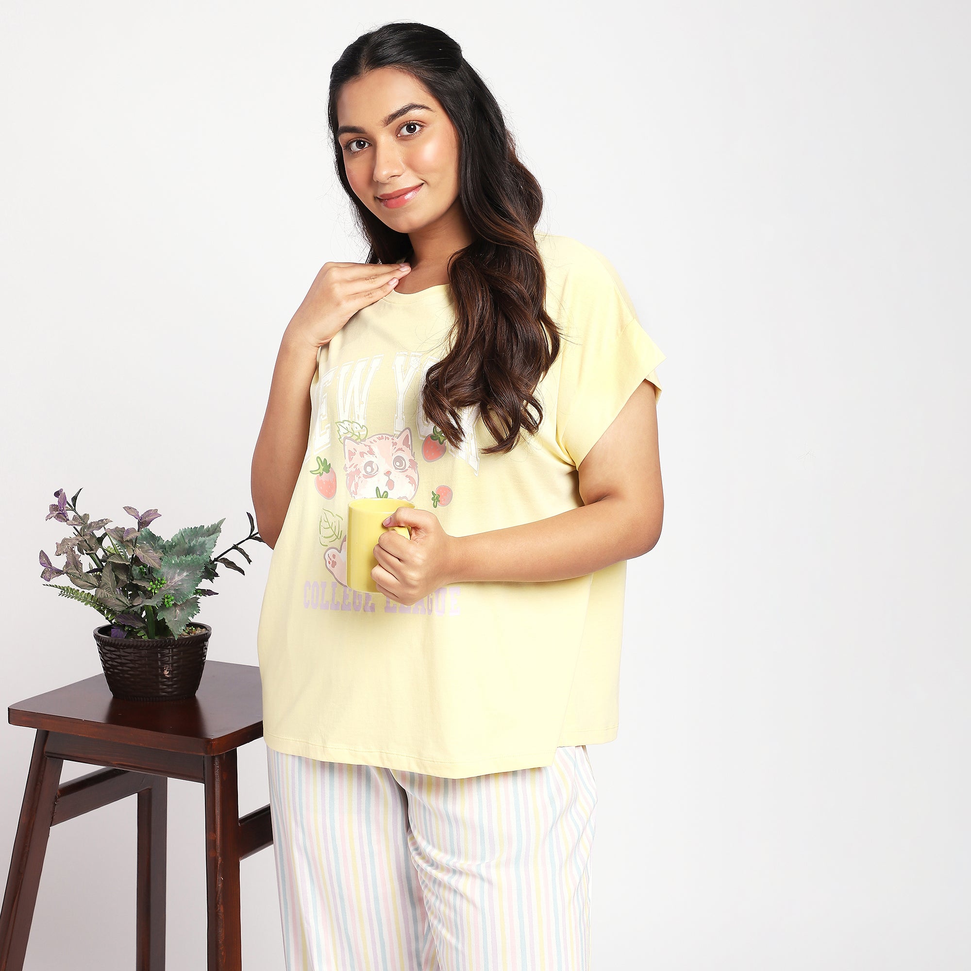 Plus Size Yellow Jersey Tee & Stripe Print Rayon PJ Set