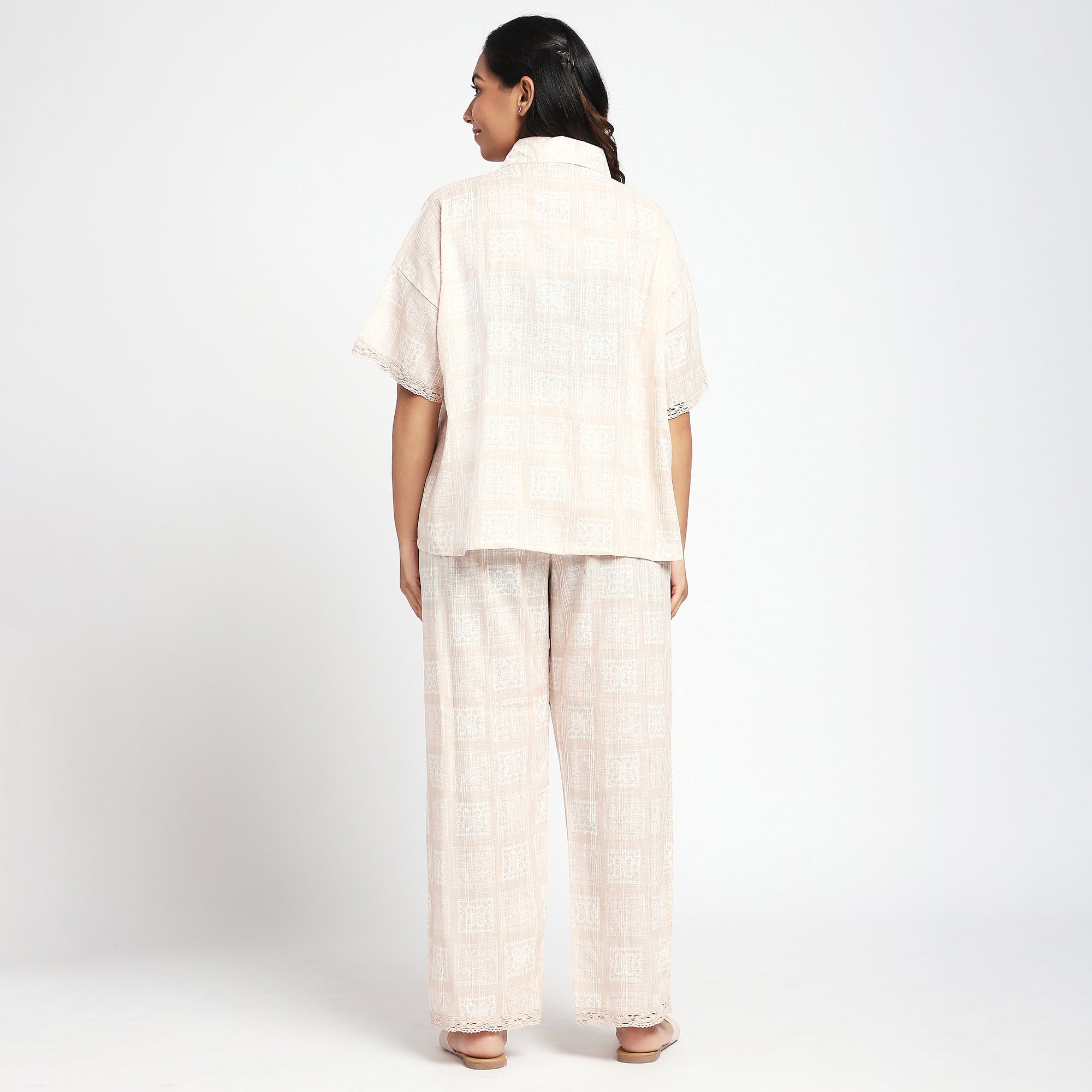 Plus Size Beige Tile Print PJ Set in Cotton Viscose Blend