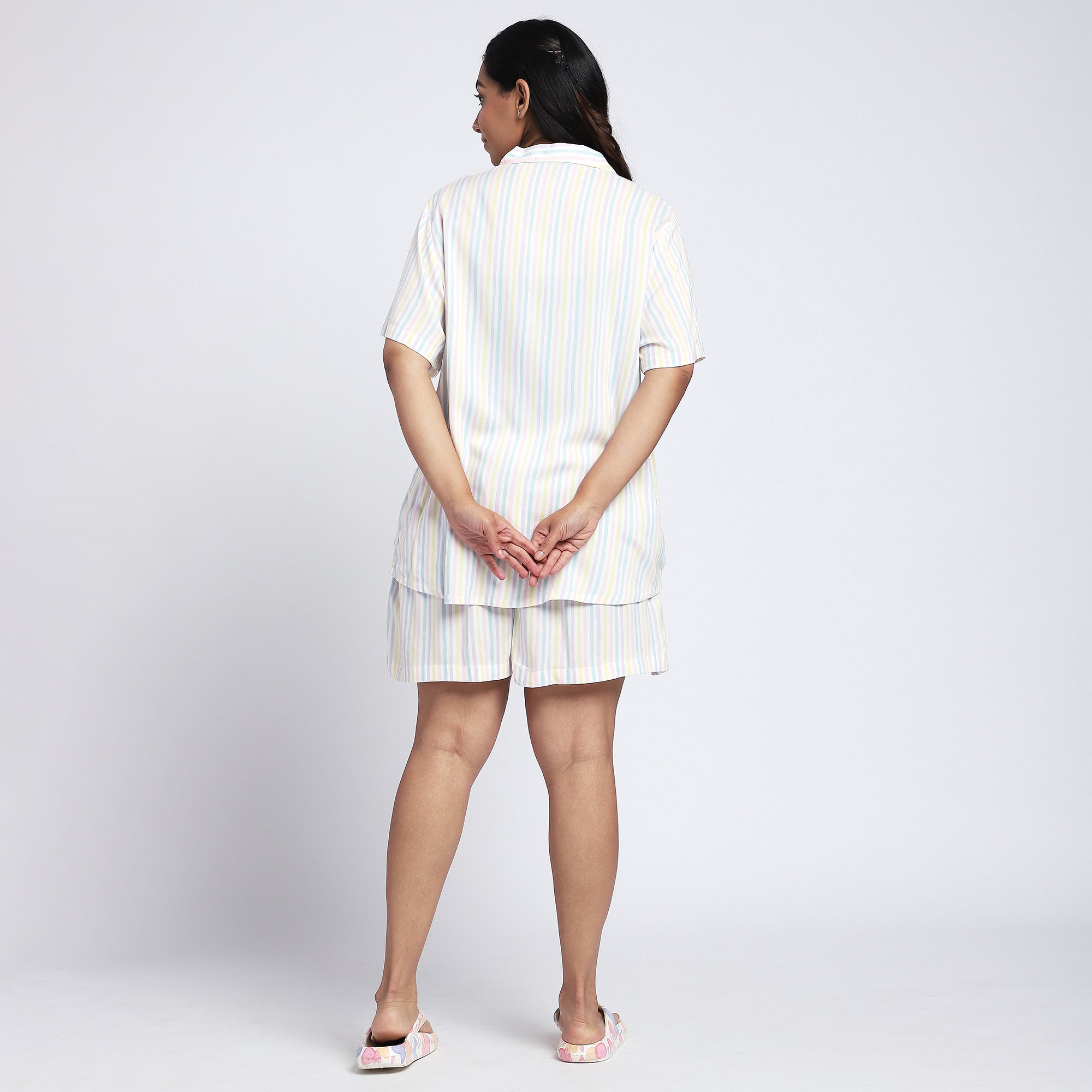 Plus Size White Stripes Viscose Shorts Set
