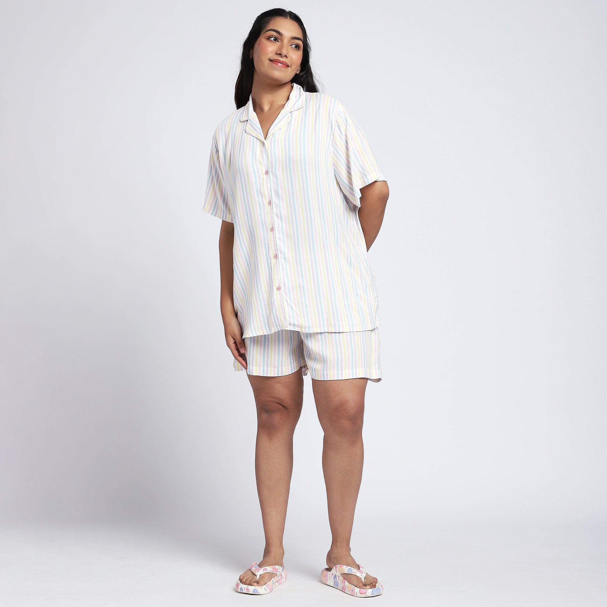 Plus Size White Stripes Viscose Shorts Set