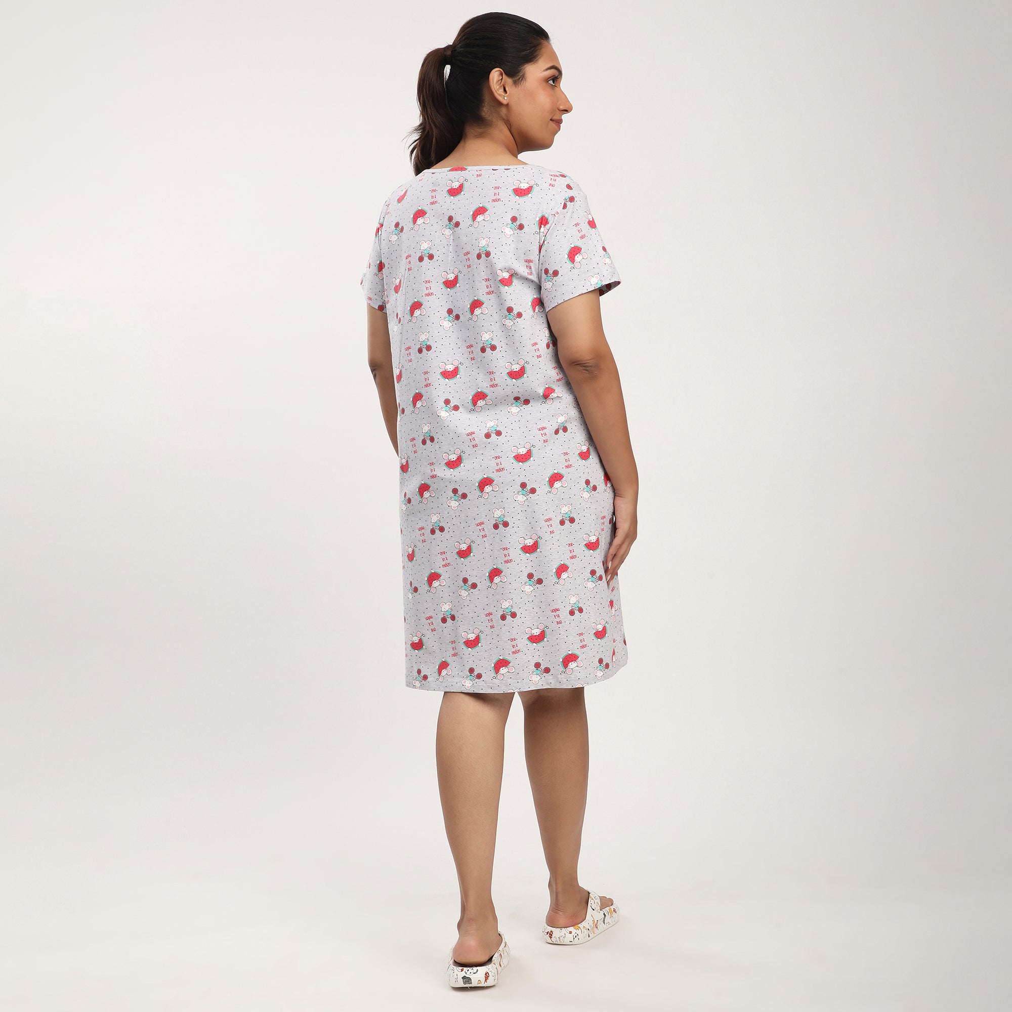 Plus Size Grey Melange Cotton Blend Printed Sleep T-shirt Dress