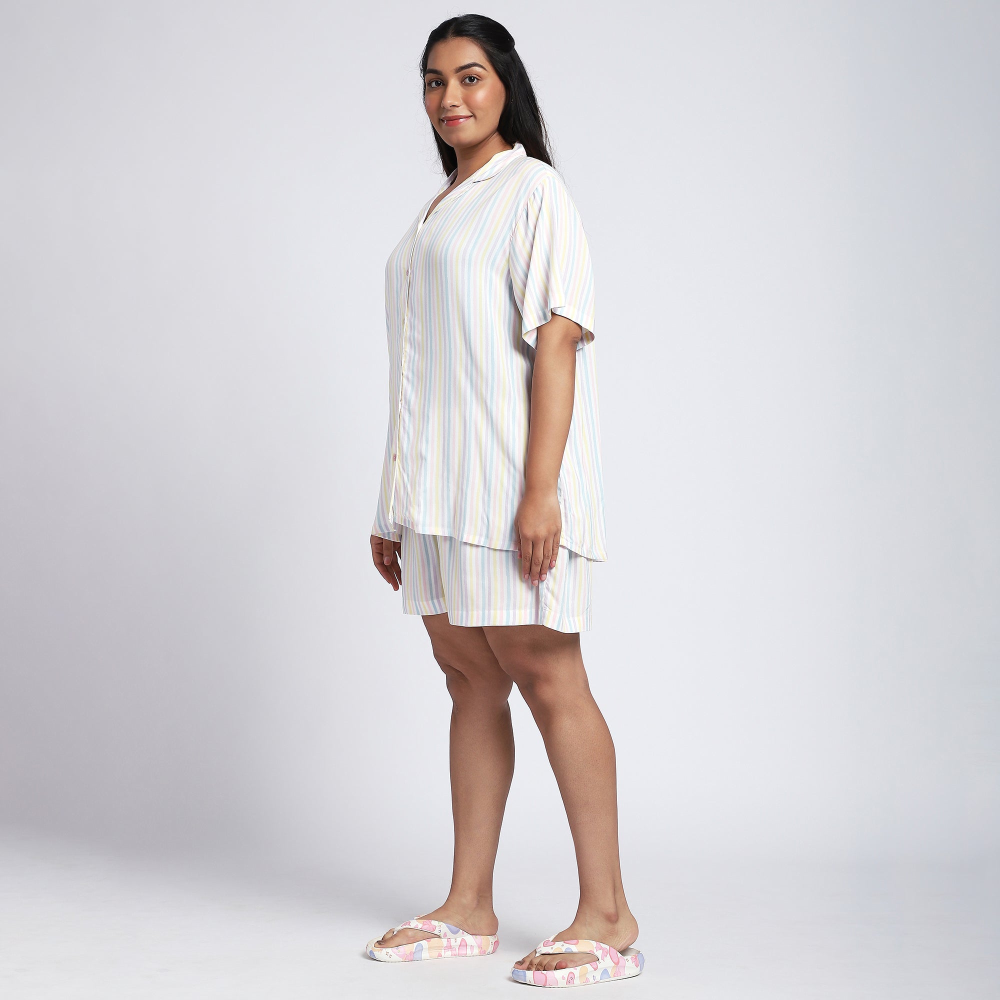 Plus Size White Stripes Viscose Shorts Set