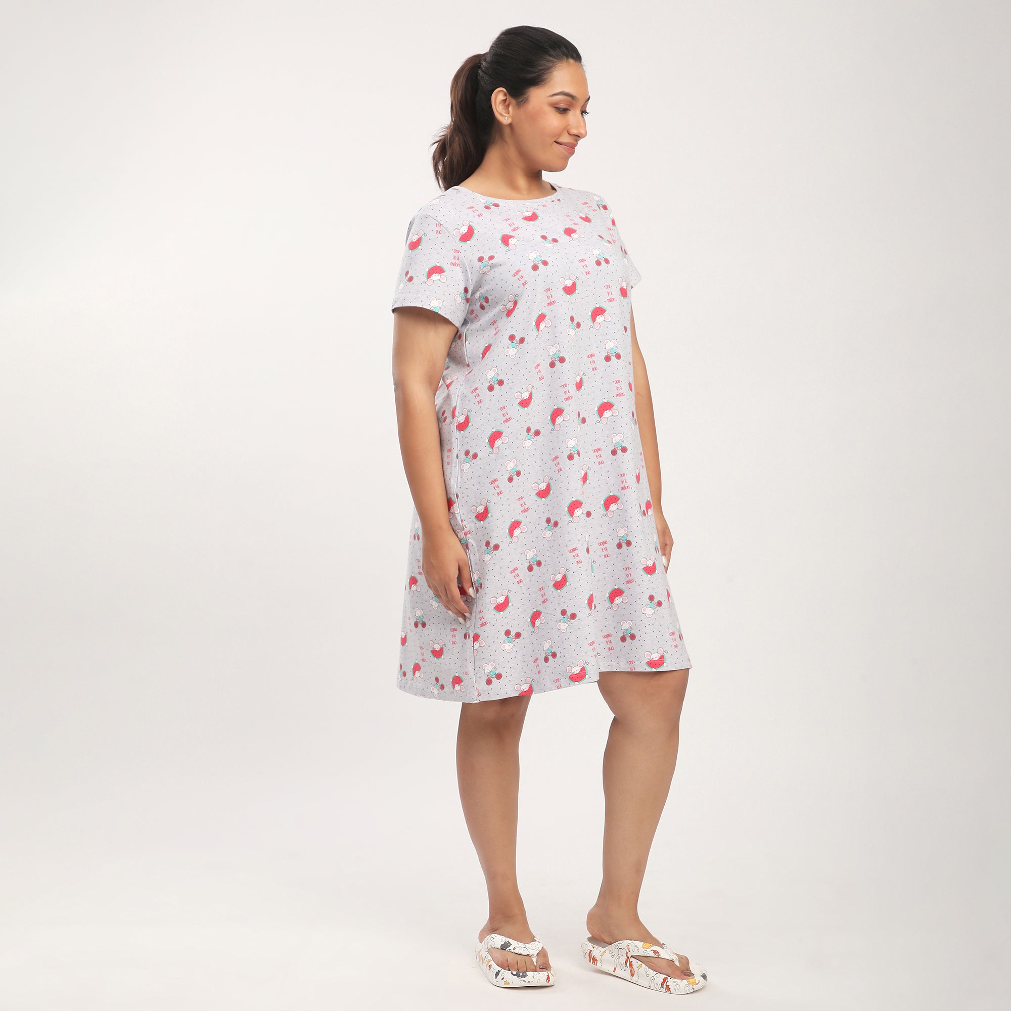 Plus Size Grey Melange Cotton Blend Printed Sleep T-shirt Dress