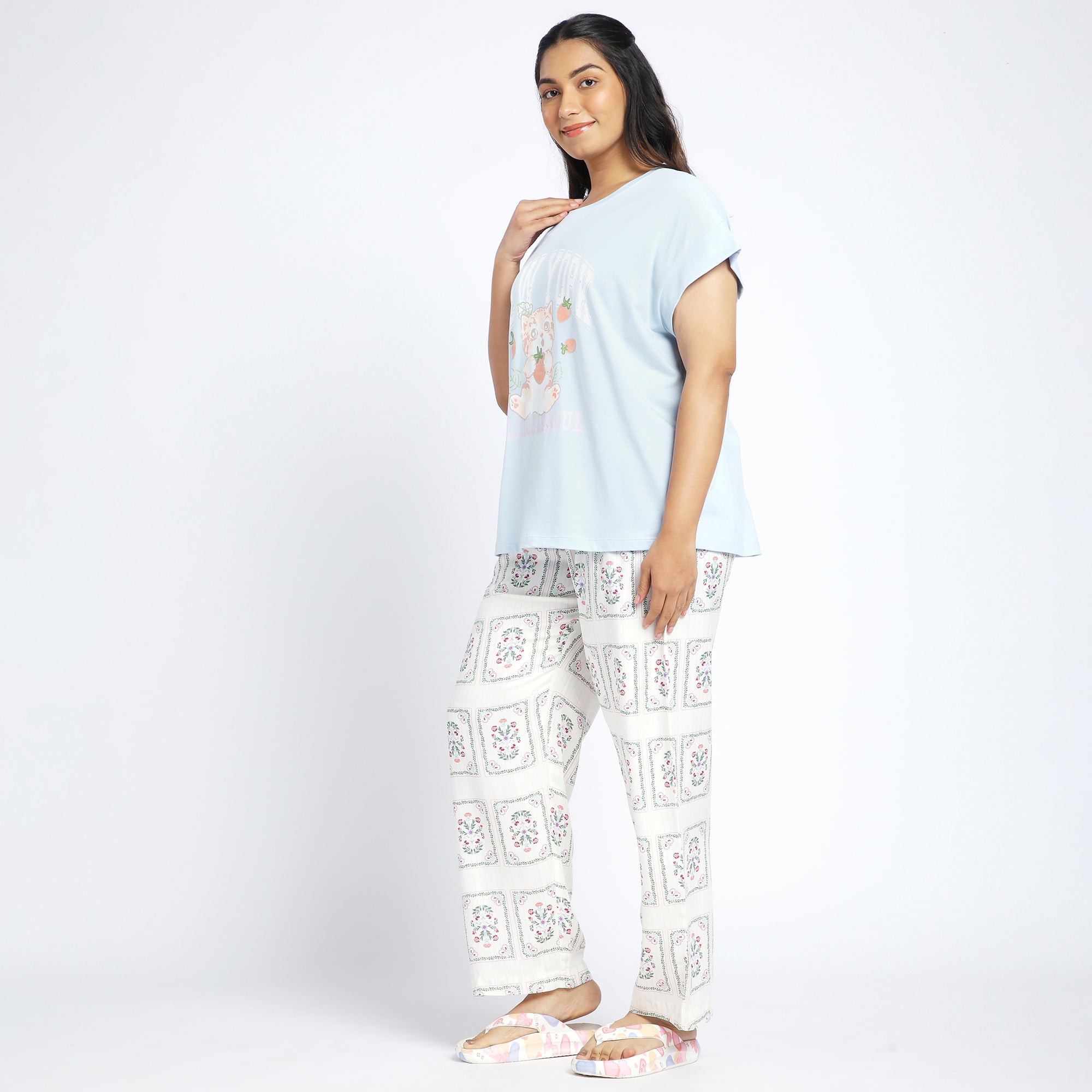 Plus Size Blue Jersey Tee & Tile Printed Rayon PJ Set