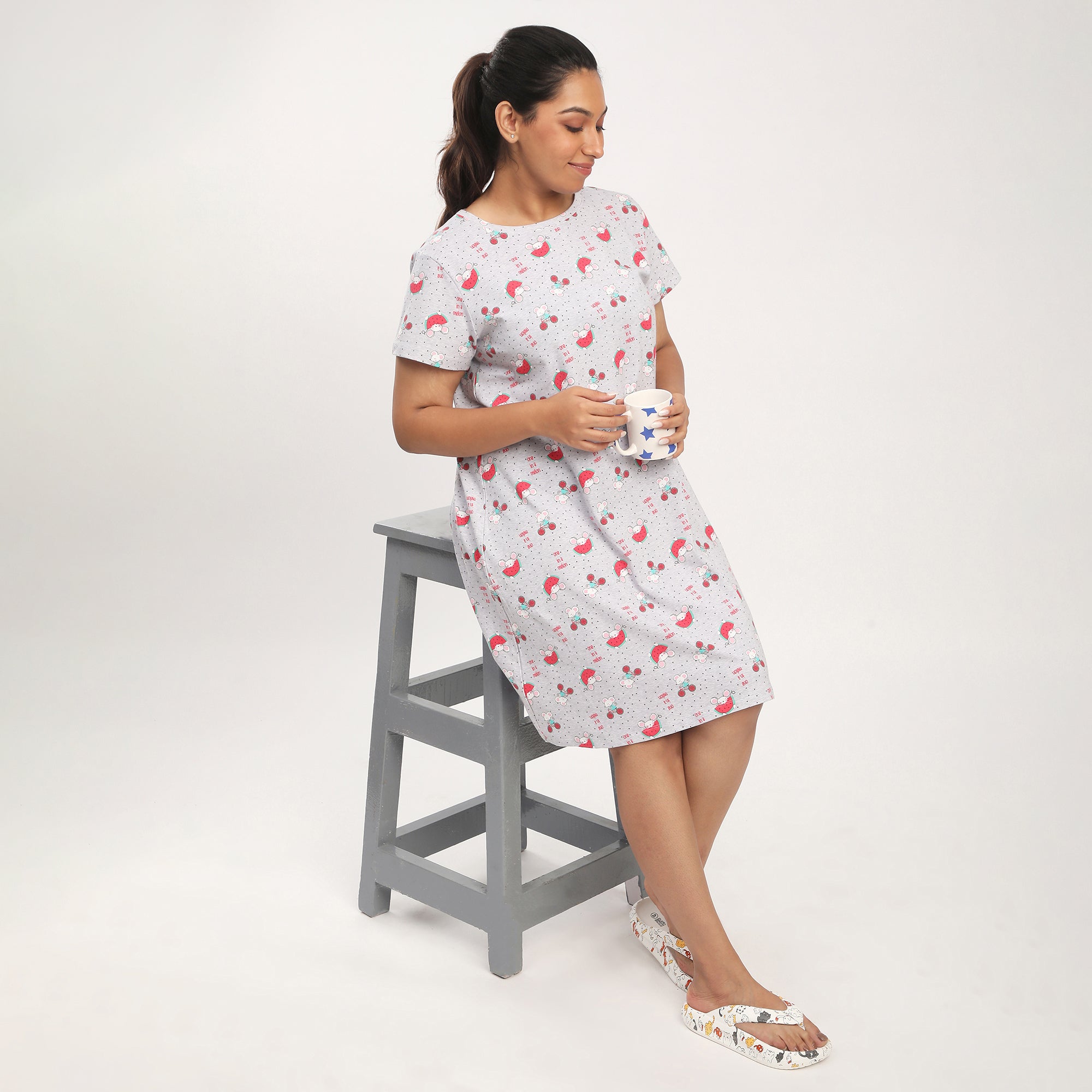 Plus Size Grey Melange Cotton Blend Printed Sleep T-shirt Dress