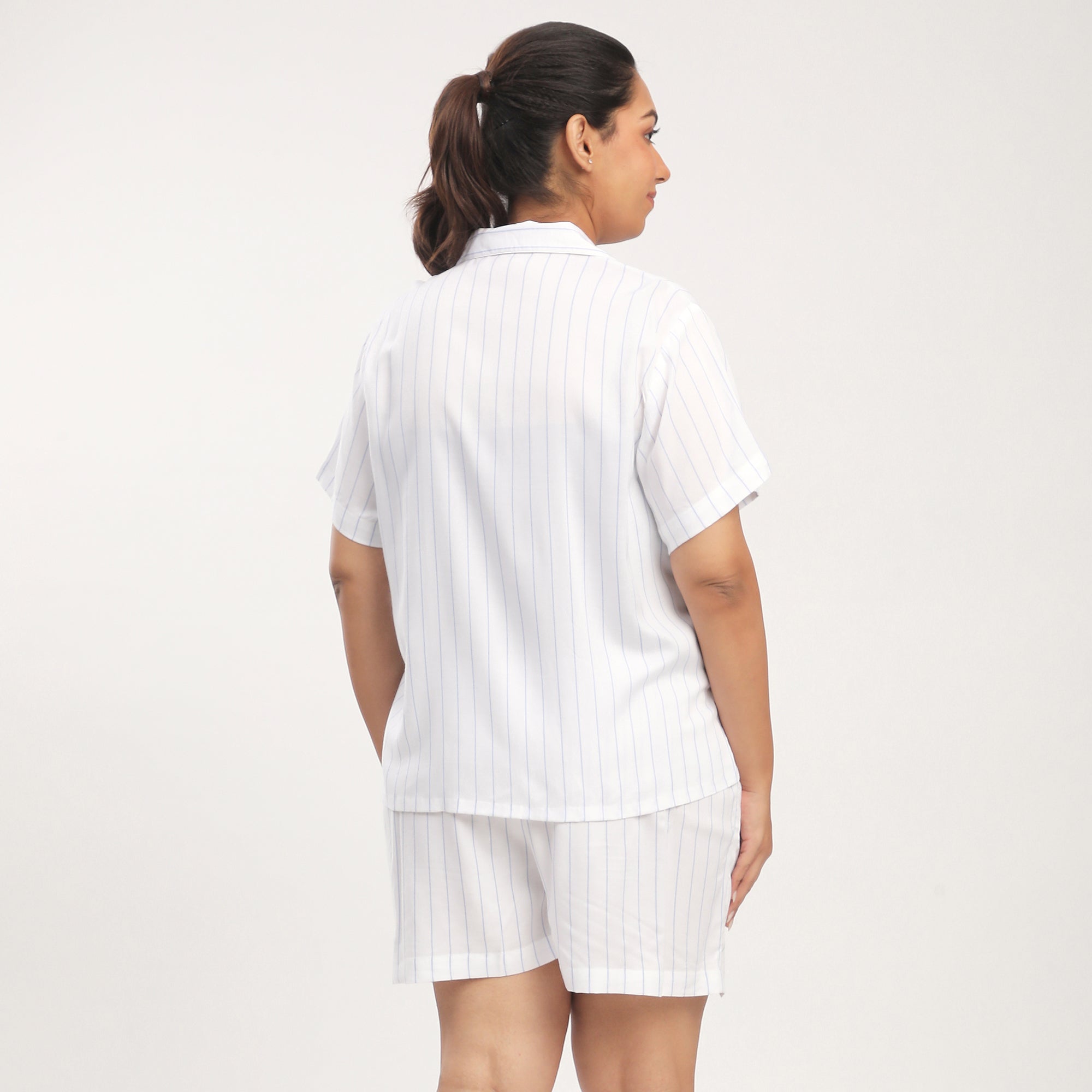 Plus Size Light Blue Rayon Blend Striped Short Set