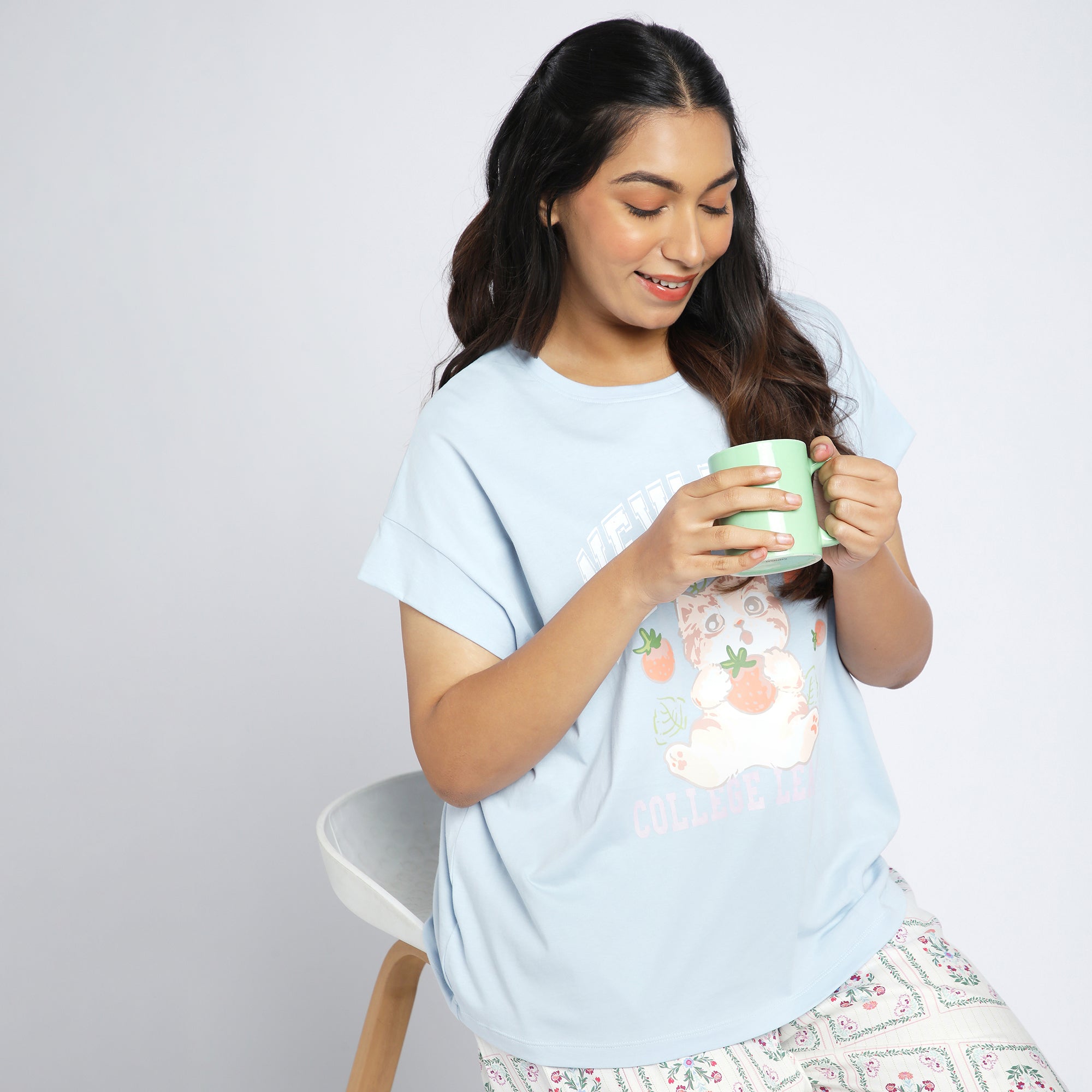 Plus Size Blue Jersey Tee & Tile Printed Rayon PJ Set