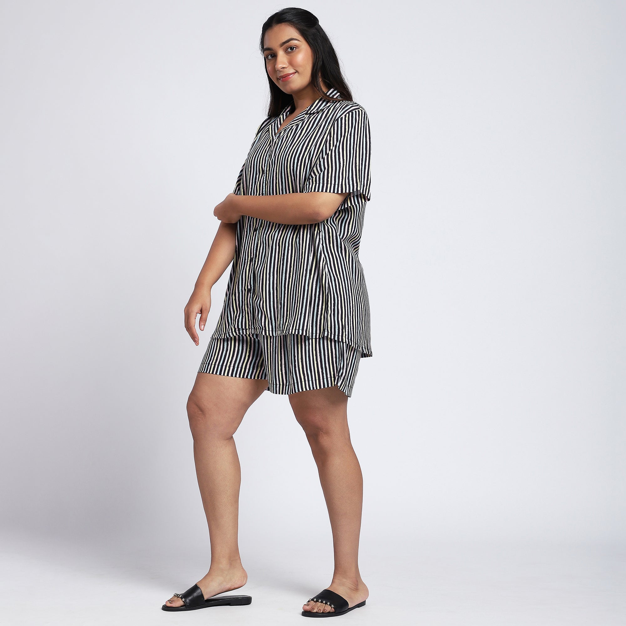 Plus Size Black Stripes Viscose Short Set