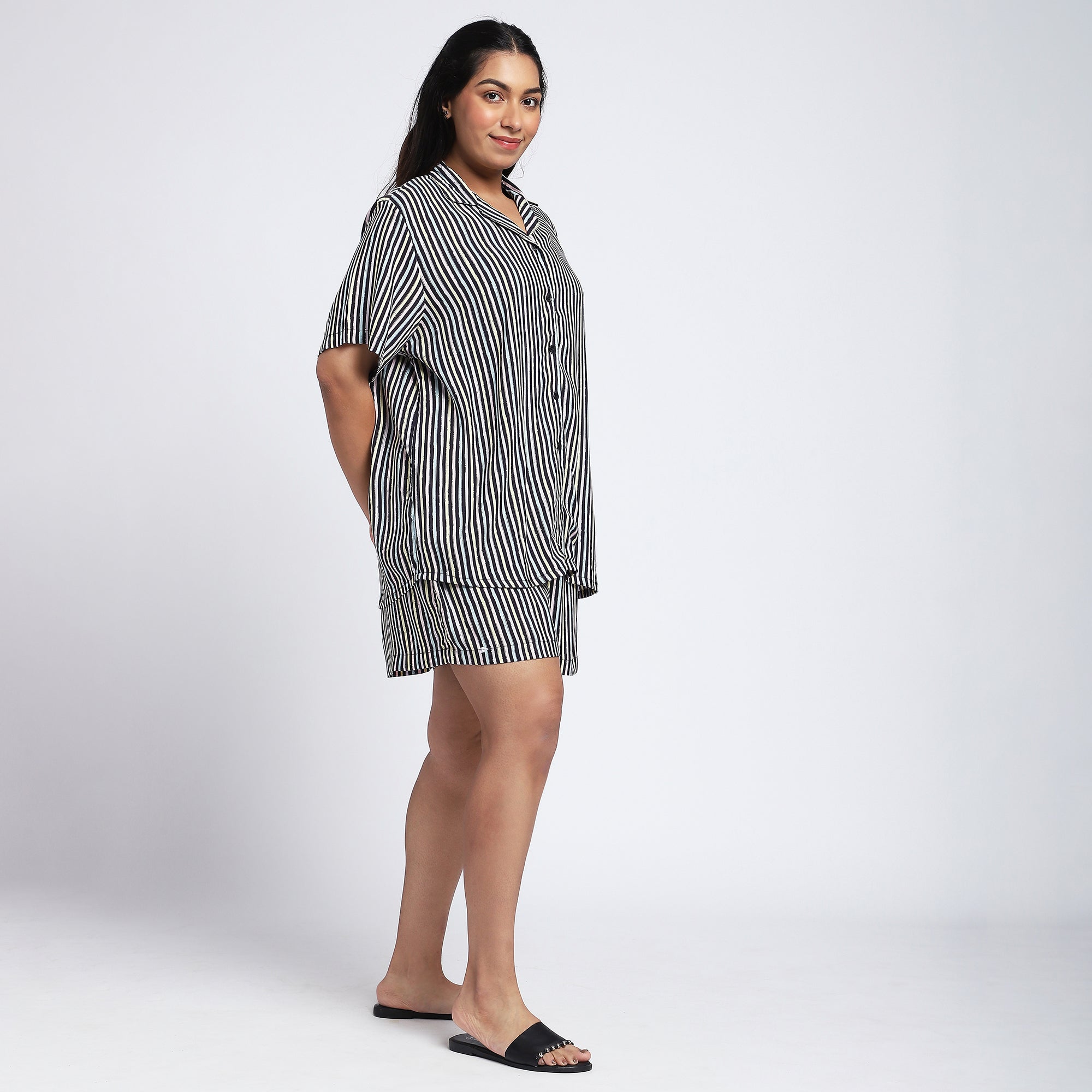 Plus Size Black Stripes Viscose Short Set
