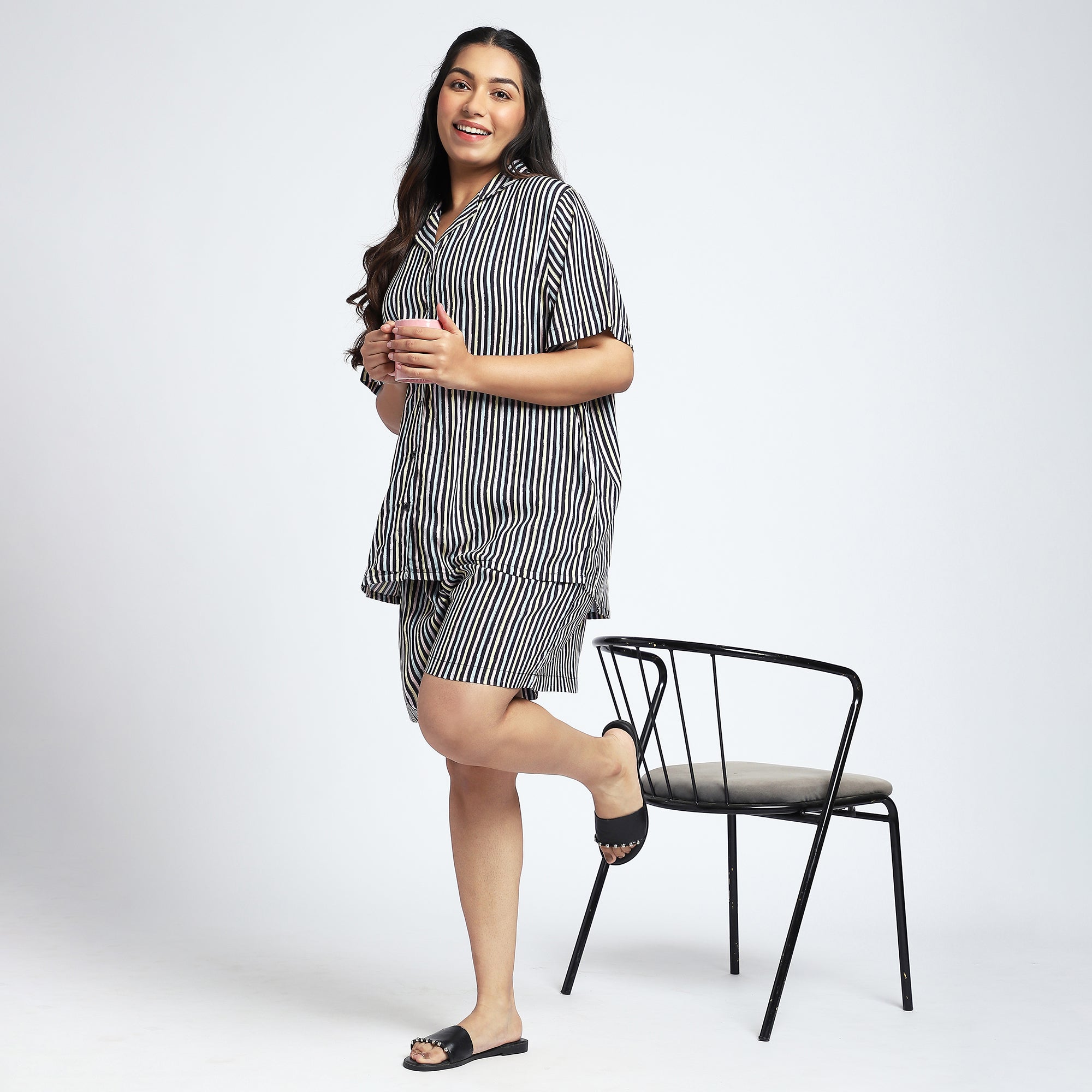 Plus Size Black Stripes Viscose Short Set