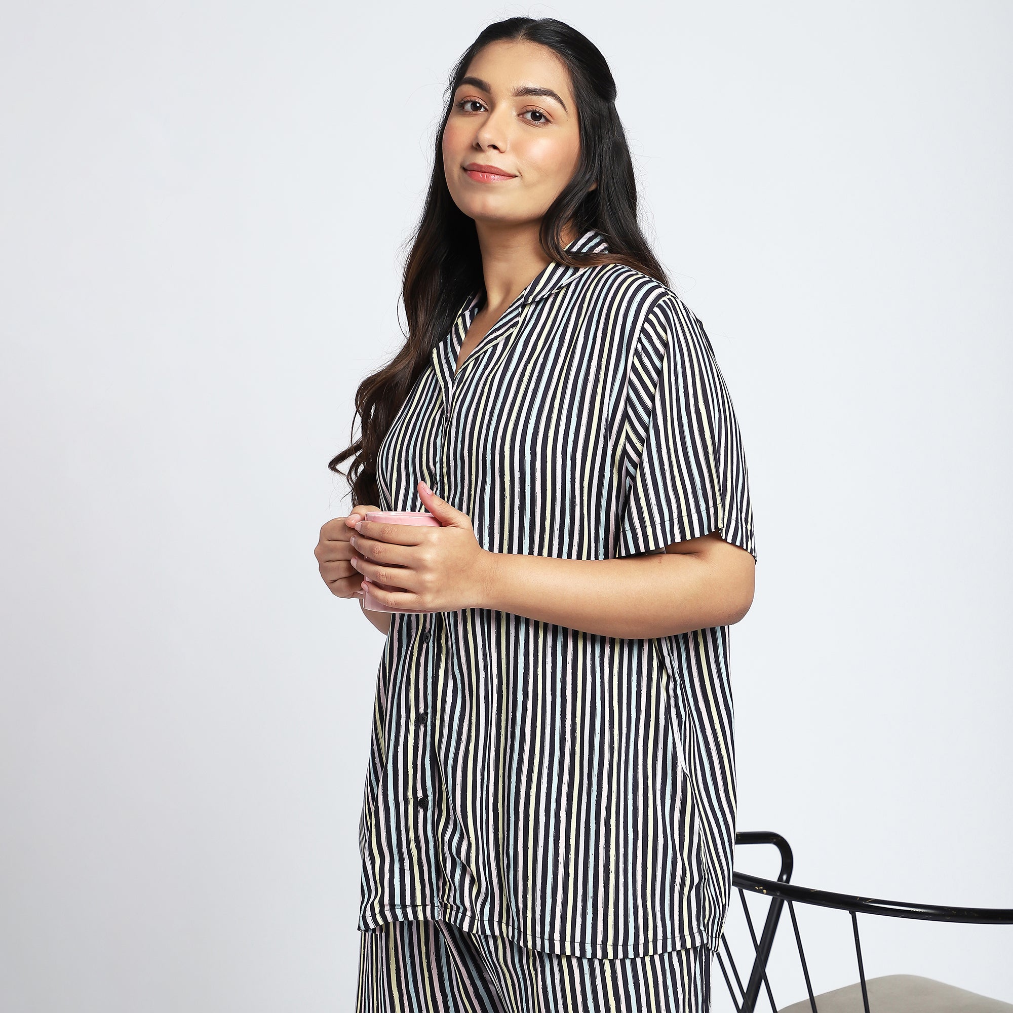 Plus Size Black Stripes Viscose Short Set
