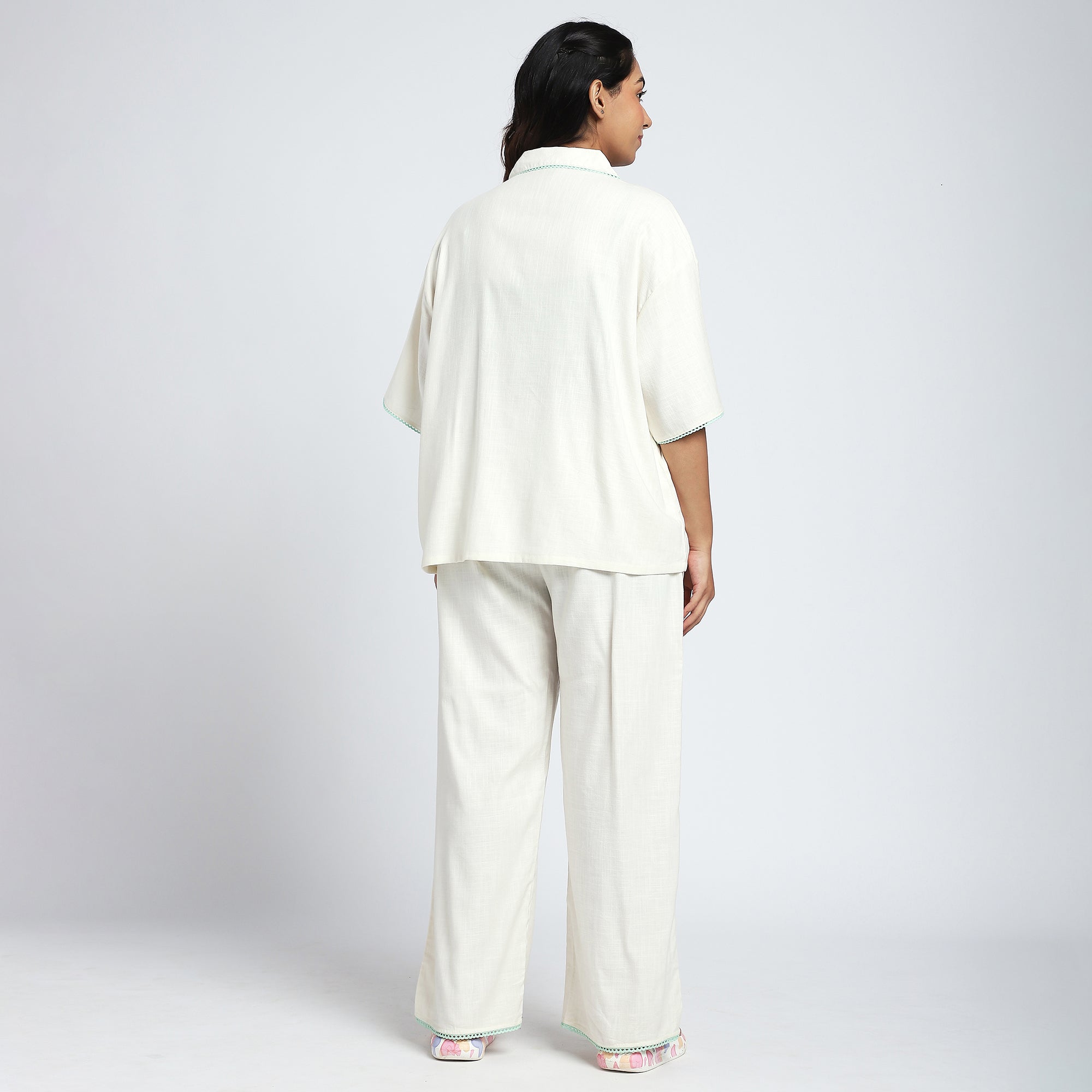 Plus Size Cream PJ Set with Fruit Embroidery & Lace Detail