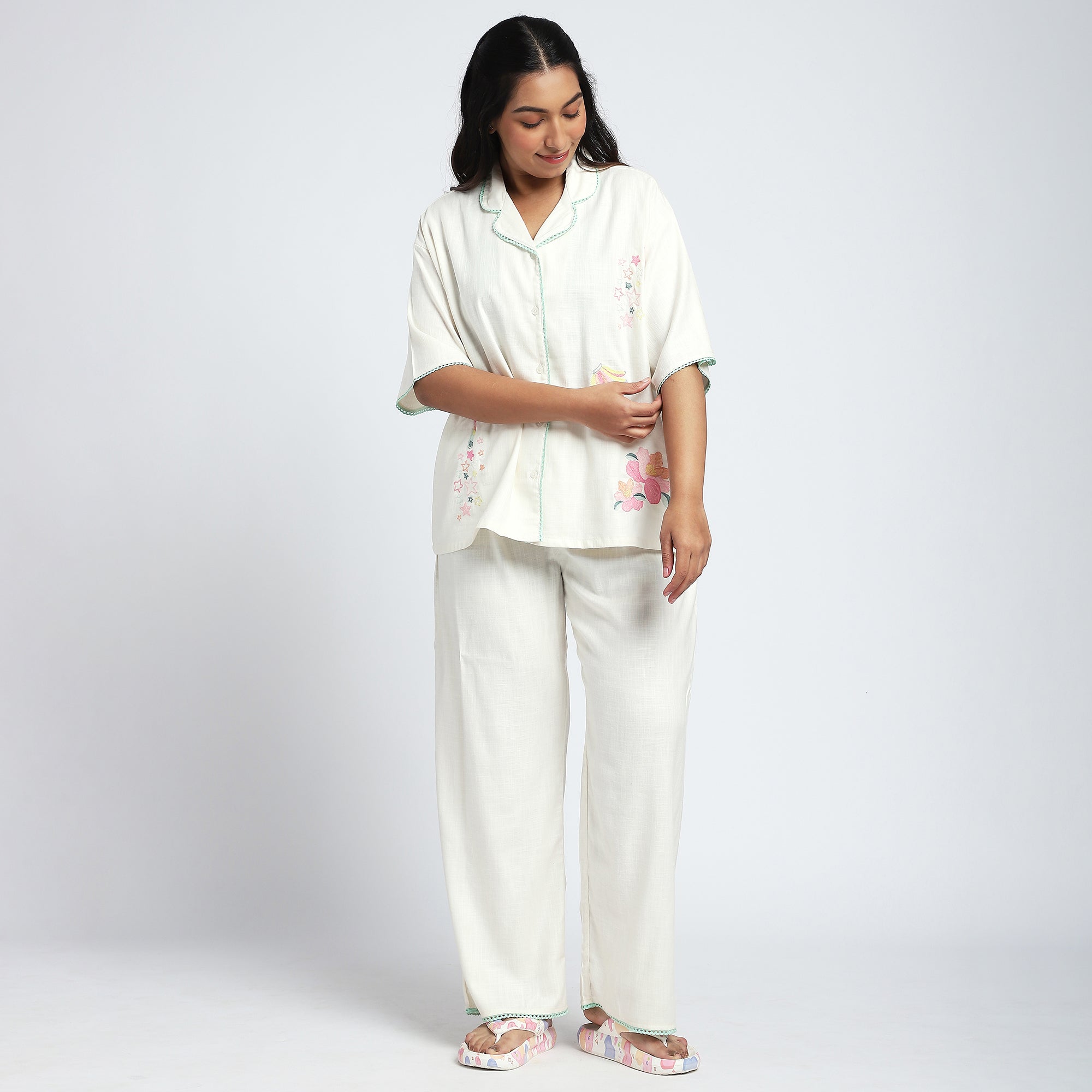 Plus Size Cream PJ Set with Fruit Embroidery & Lace Detail