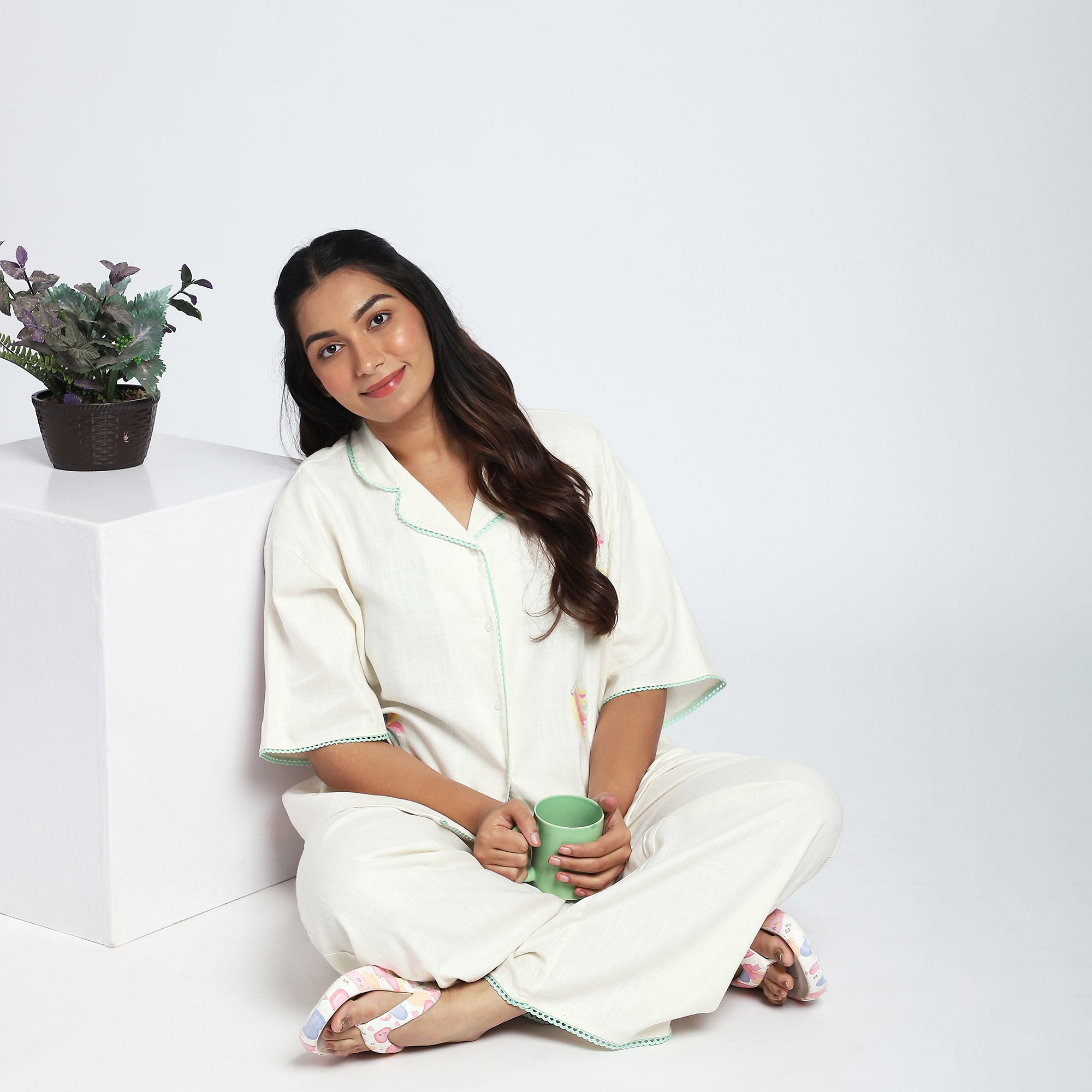 Plus Size Cream PJ Set with Fruit Embroidery & Lace Detail