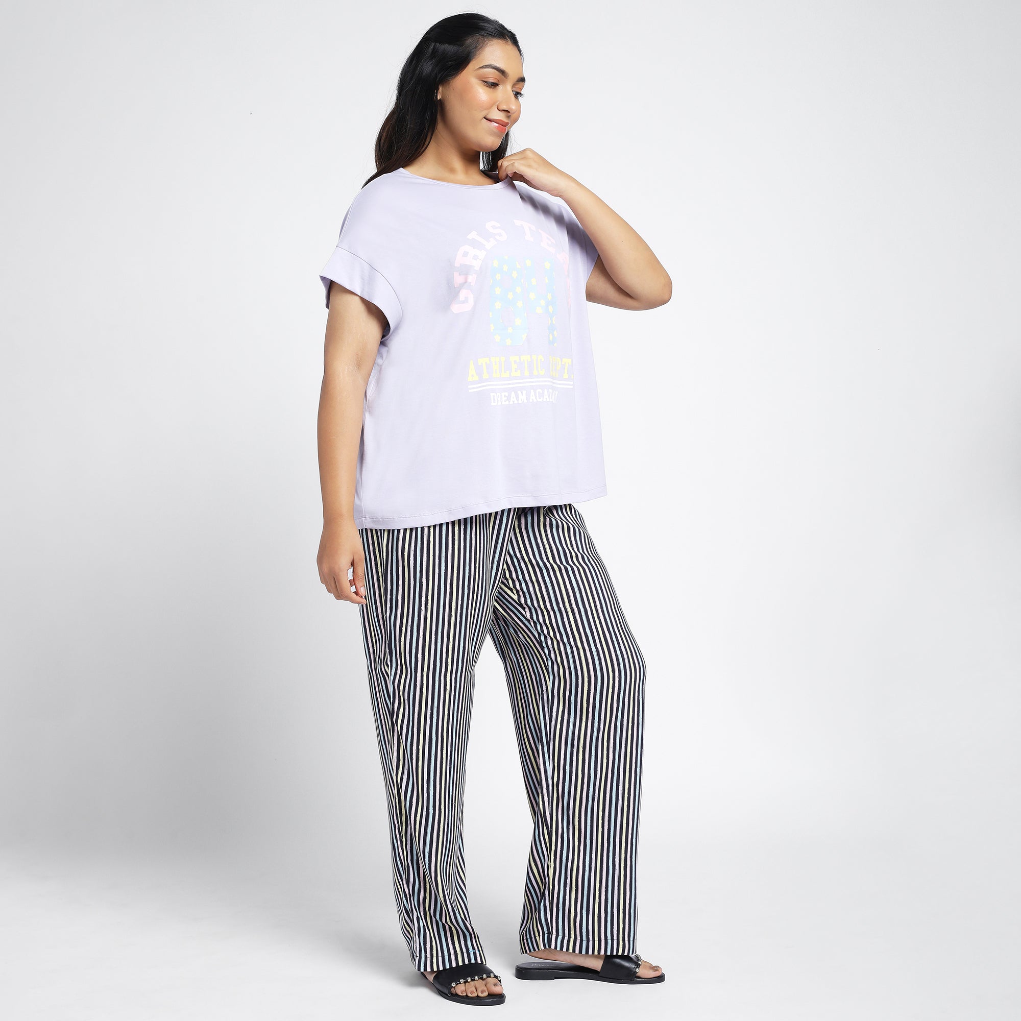 Plus Size Lilac Jersey Tee & Stripe Print Rayon PJ Set
