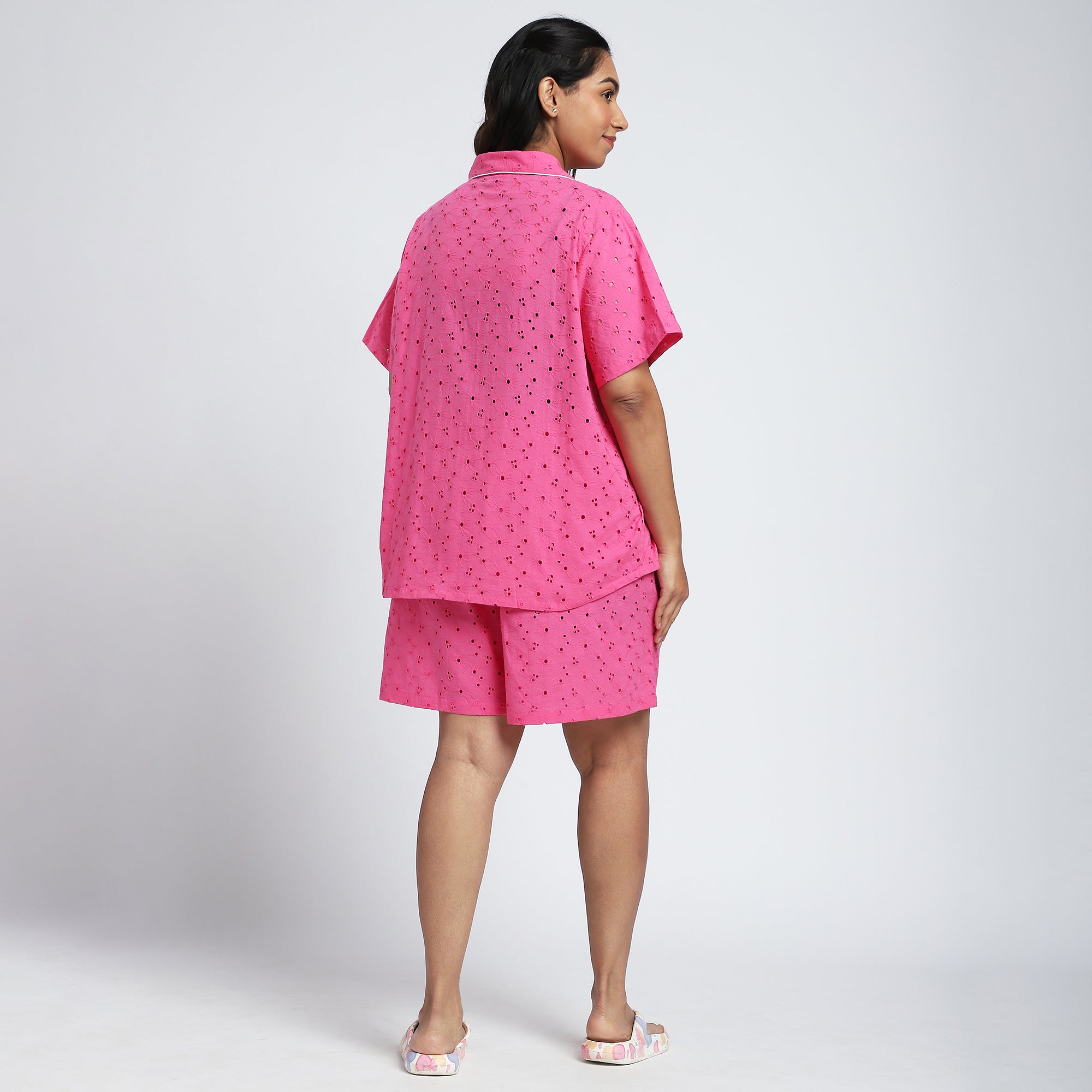 Plus Size Pink Schiffli Short Set with Contrast Trim