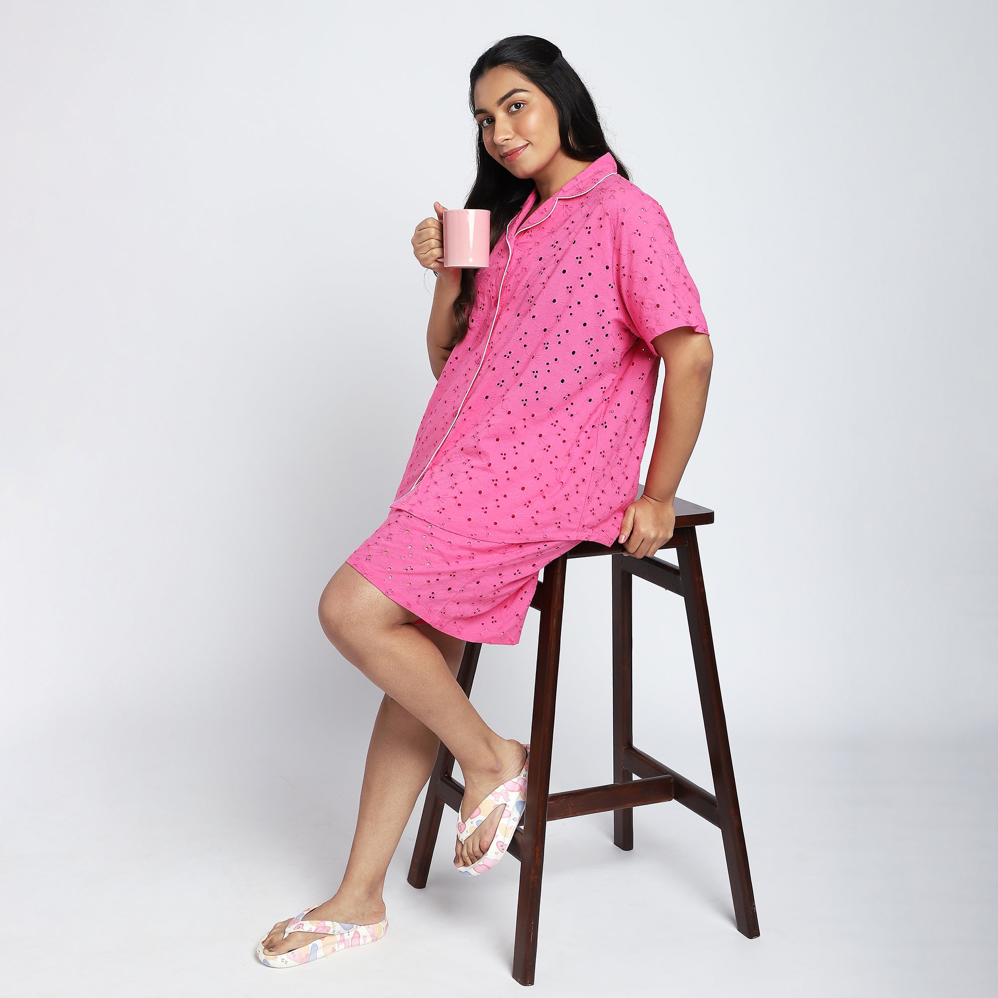 Plus Size Pink Schiffli Short Set with Contrast Trim