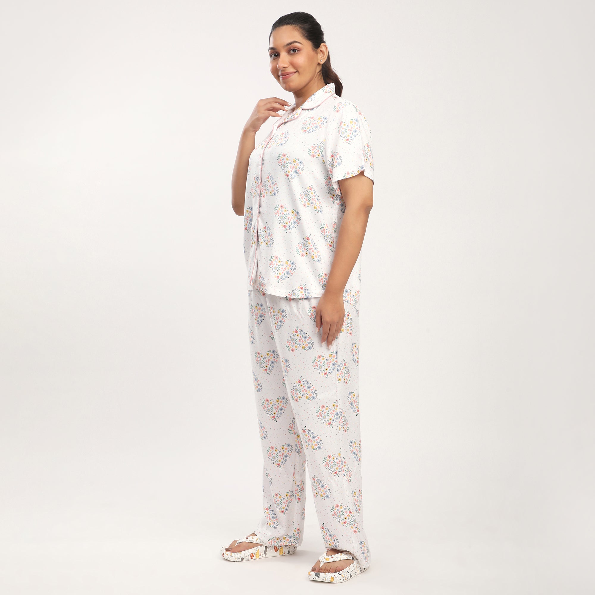 Plus Size Viscose Heart Printed PJ Set