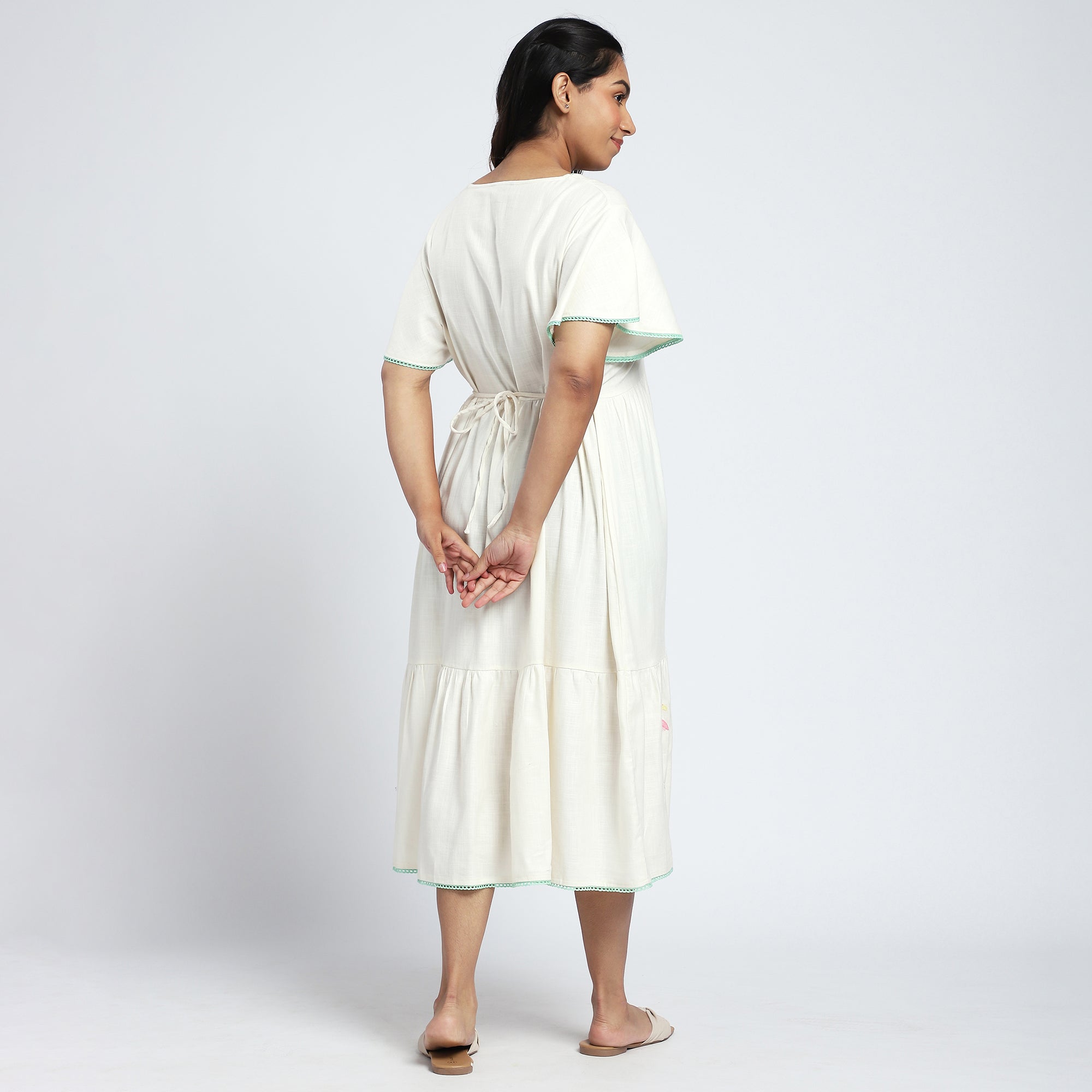 Plus Size Cream Tiered Nightdress with Fruit Embroidery & Lace Detail
