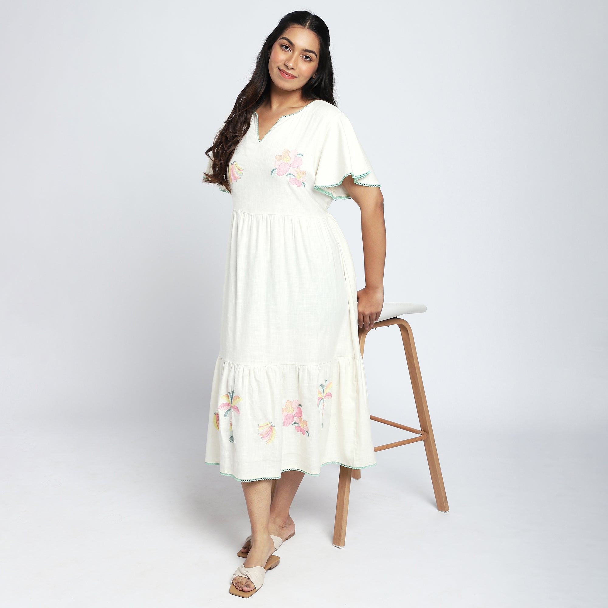 Plus Size Cream Tiered Nightdress with Fruit Embroidery & Lace Detail