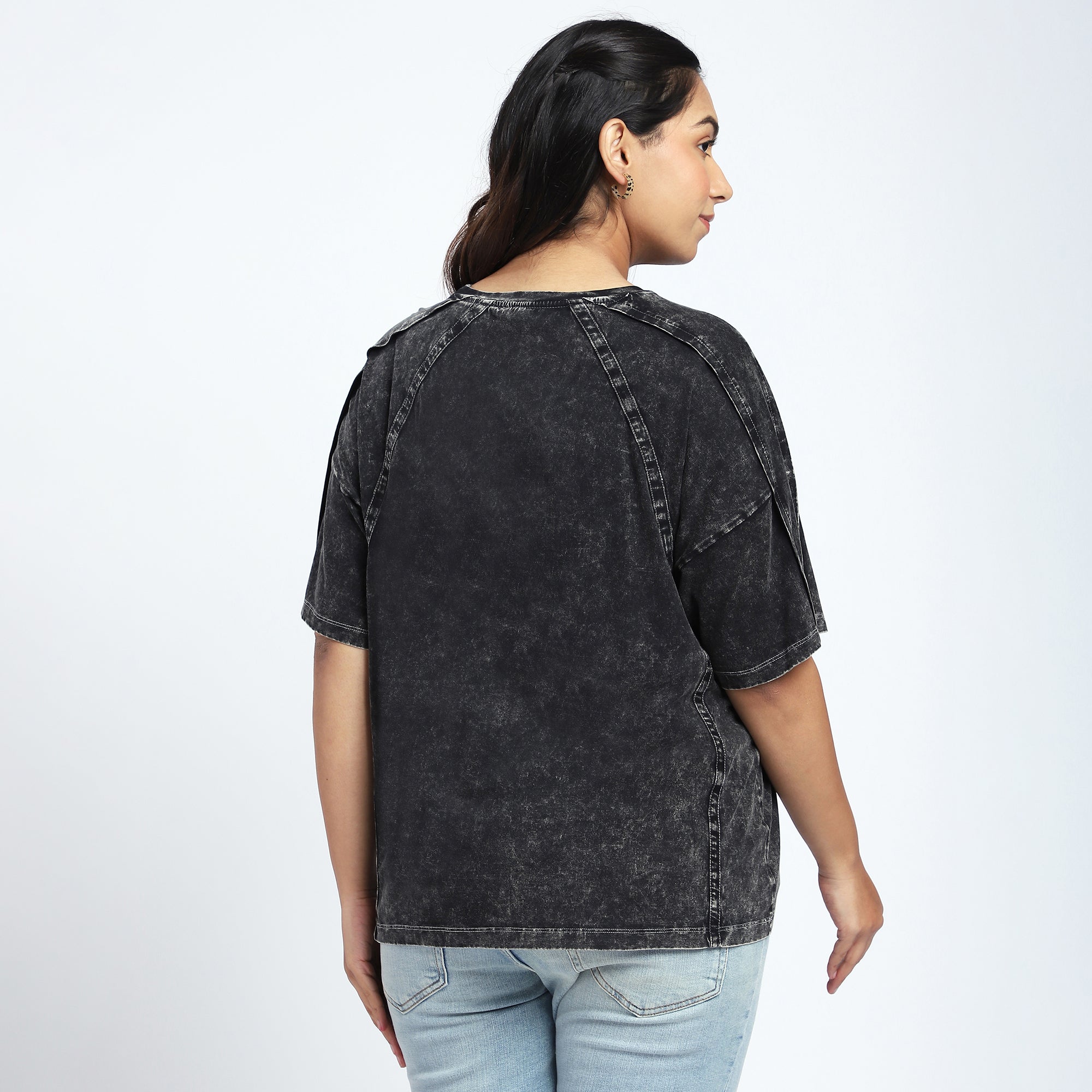 Plus Size Black Raglan Stone Washed T-Shirt with Chest Print