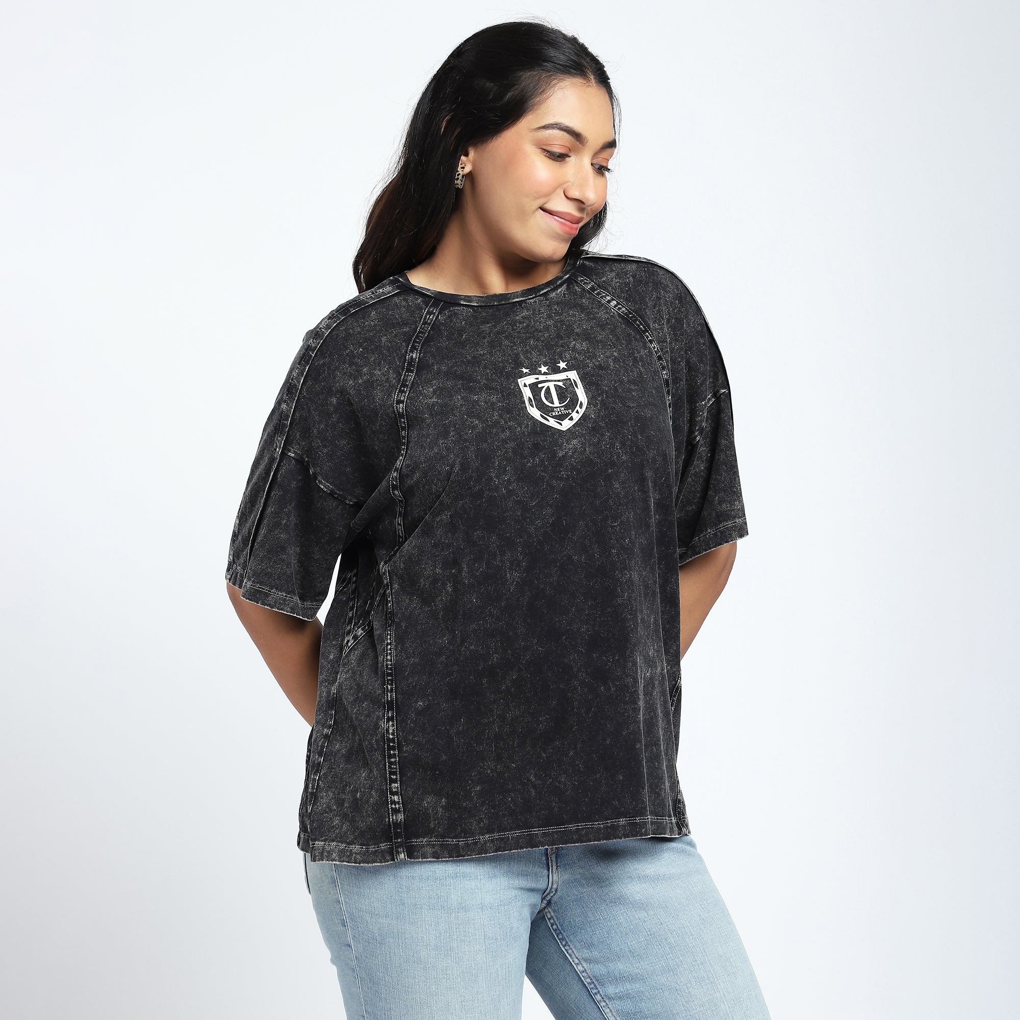 Plus Size Black Raglan Stone Washed T-Shirt with Chest Print