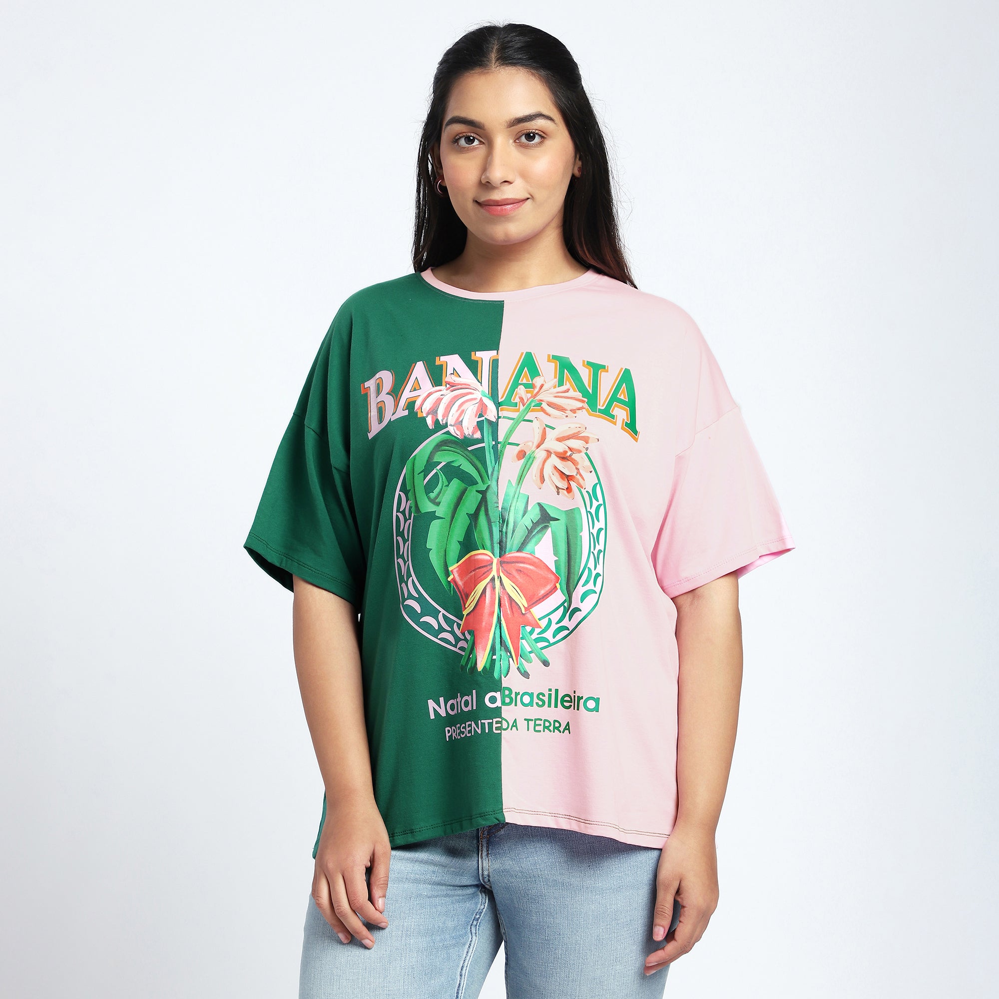 Plus Size Pink & Green Colorblock T-Shirt with Chest Print