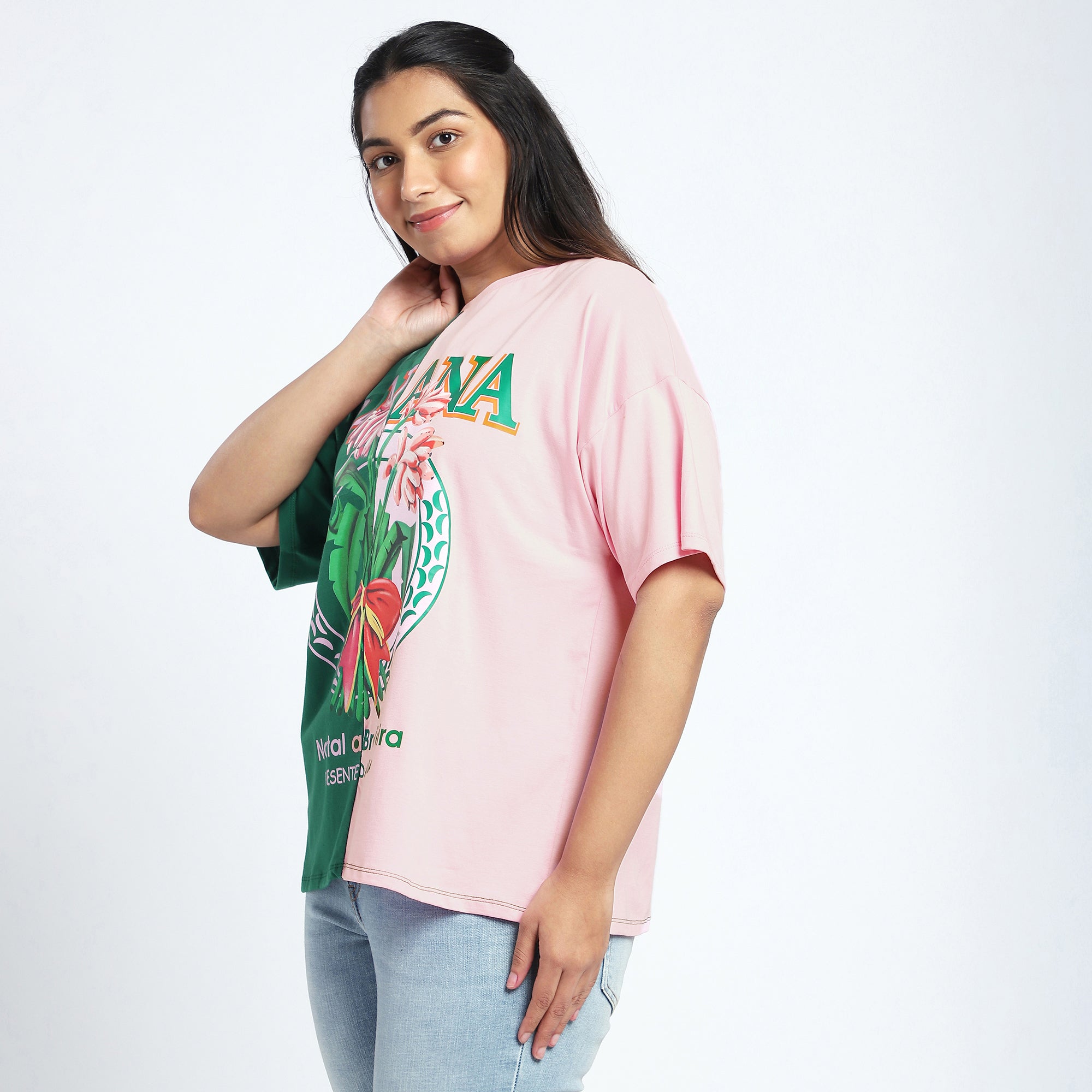 Plus Size Pink & Green Colorblock T-Shirt with Chest Print
