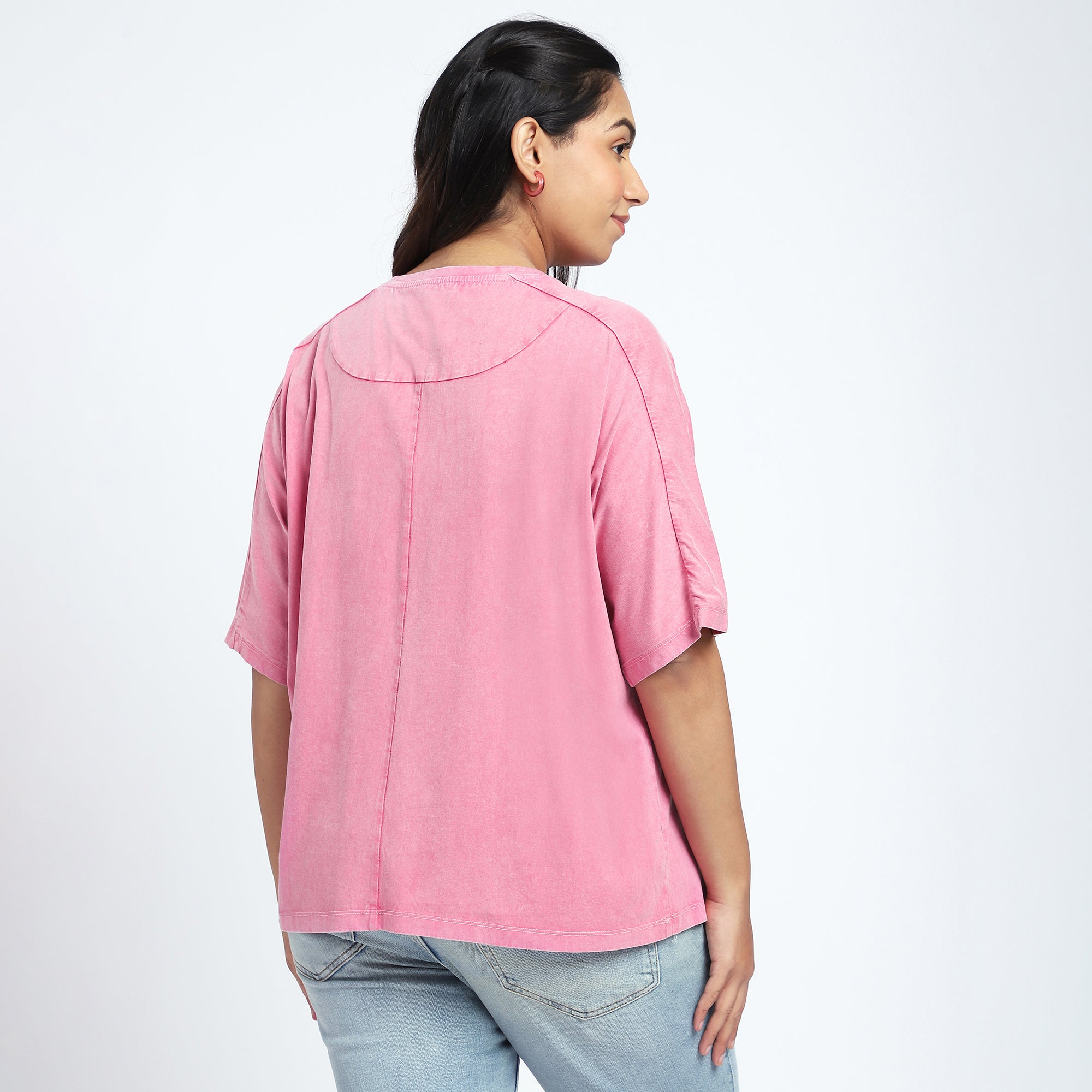 Plus Size Pink Stone Wash T-Shirt with Chest Print